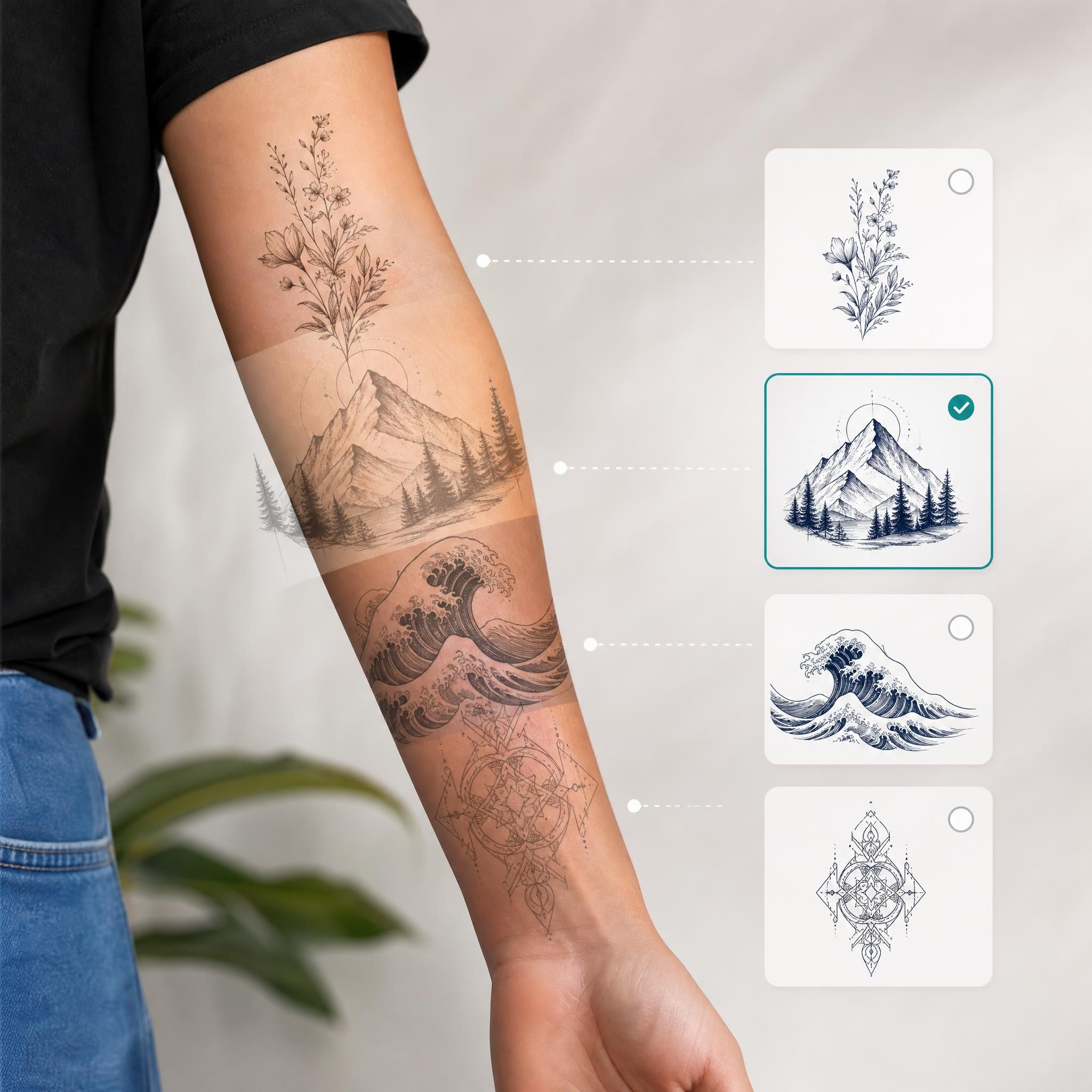 Illustration montrant un bras avec différents styles de tatouage superposés en transparence, évoquant l'essai virtuel sur la peau
