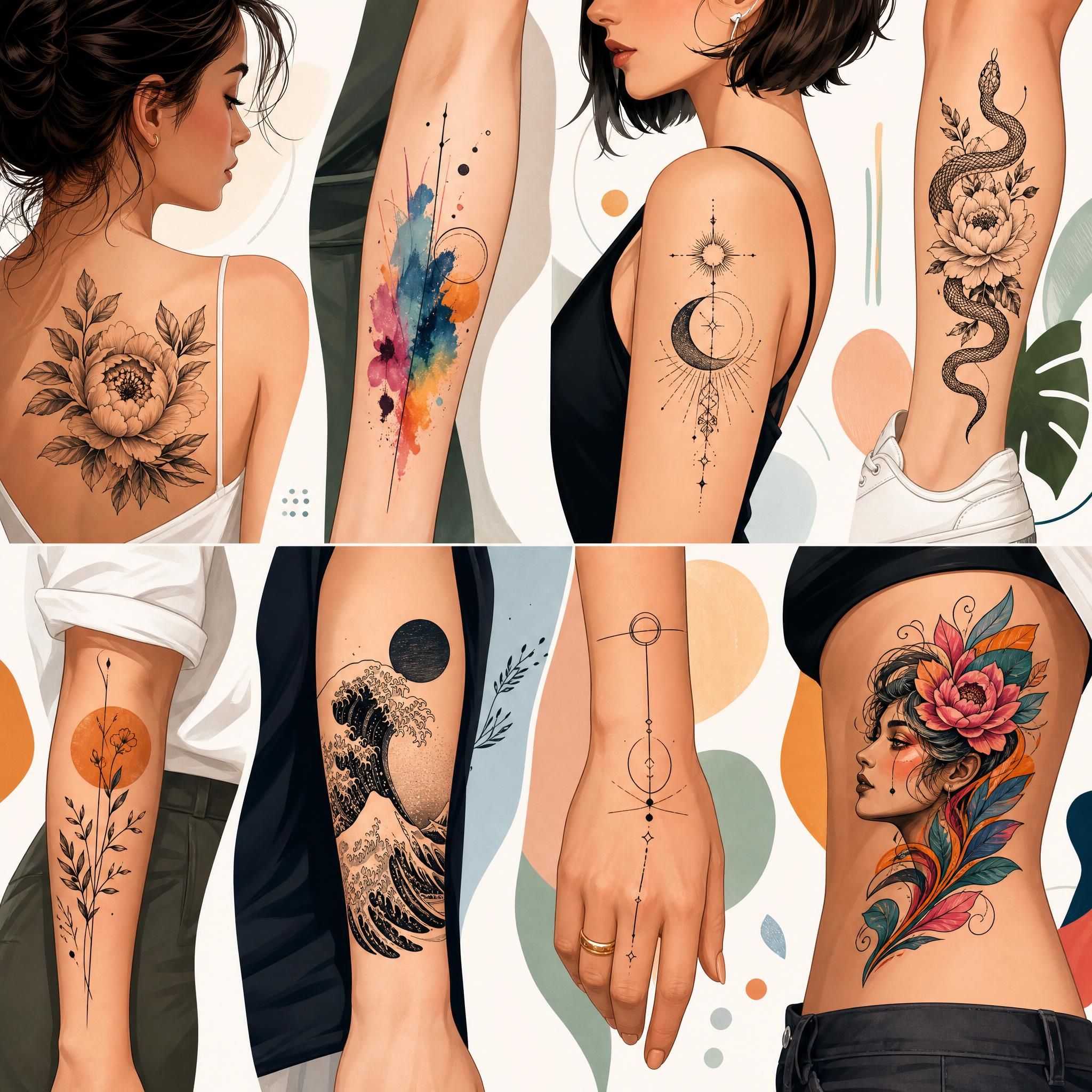 Illustration colorée et moderne de différents styles de tatouage tendance en 2026, sans texte, style illustratif