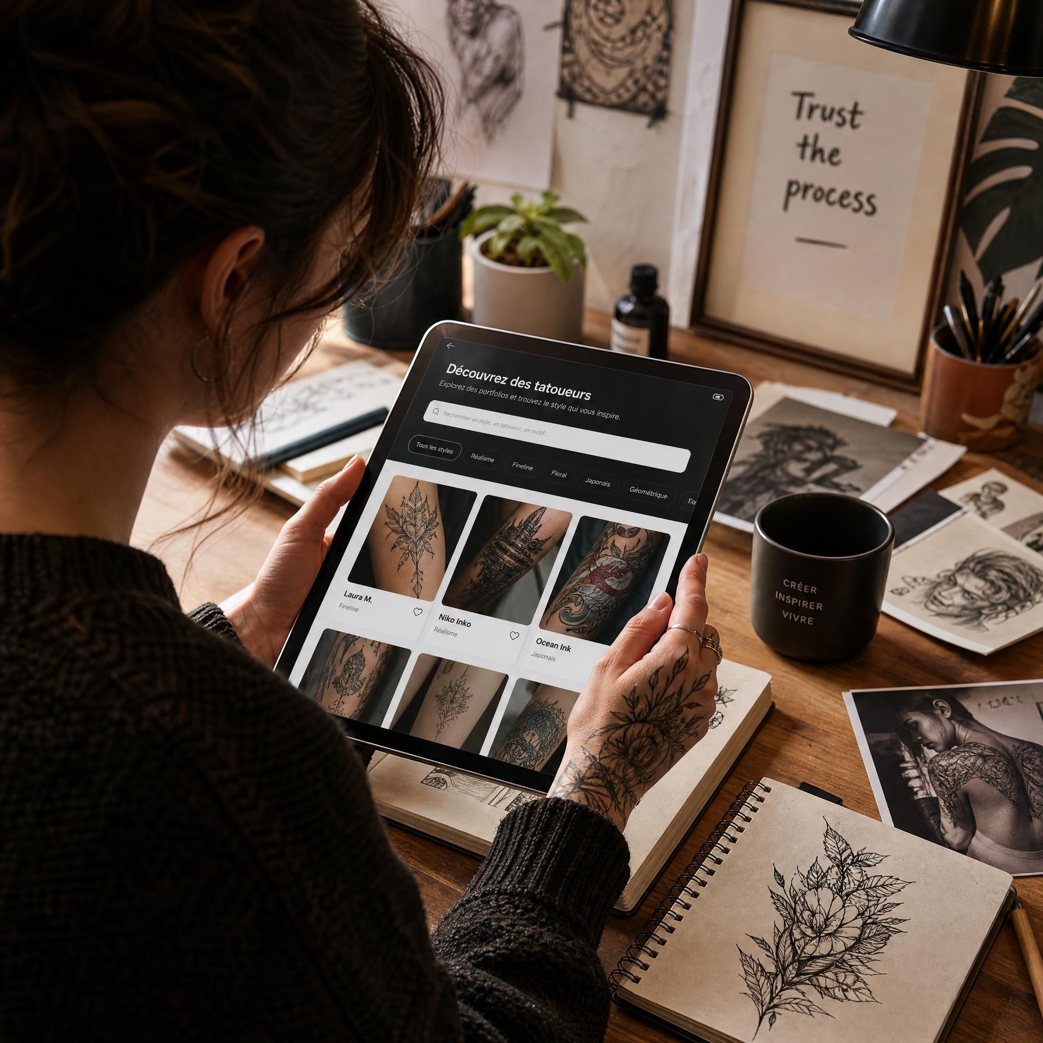 Illustration inspirationnelle d'une personne parcourant des portfolios de tatoueurs sur une tablette, entourée de sketchbooks et de références artistiques, ambiance créative et chaleureuse