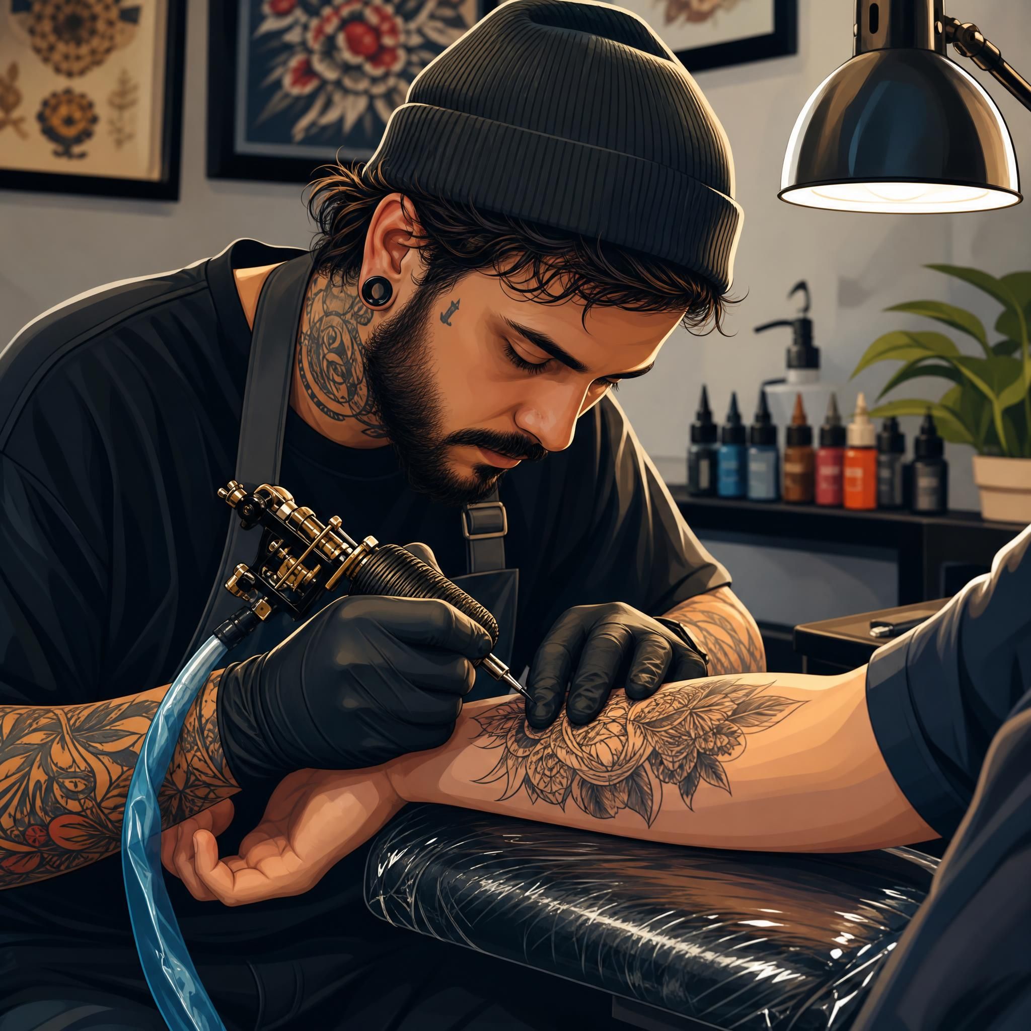 Illustration artistique d'un tatoueur professionnel travaillant sur un avant-bras, style illustratif coloré sans texte