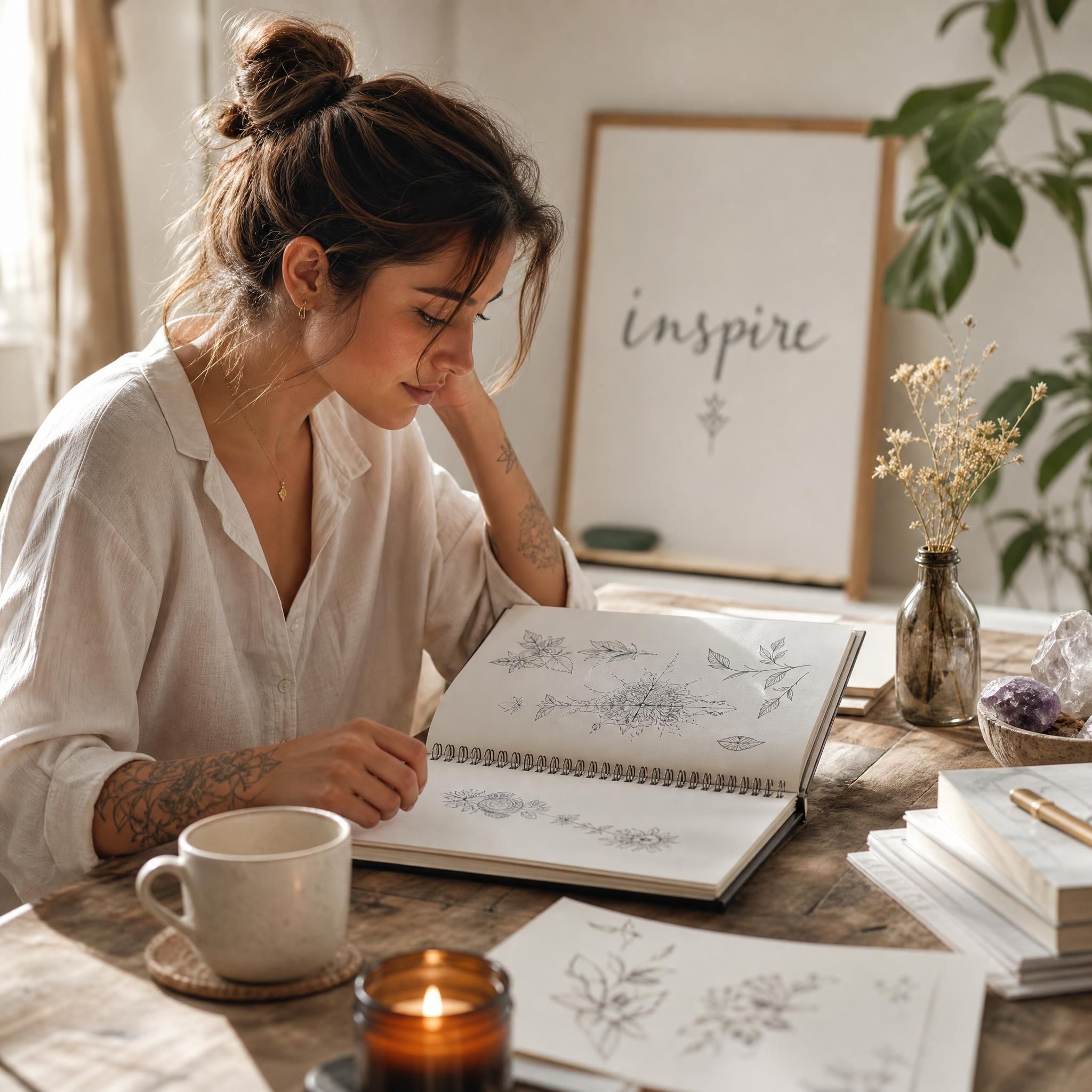 Illustration douce et apaisante d'une femme regardant des références de tatouage sur un carnet de croquis, ambiance sereine et inspirationnelle
