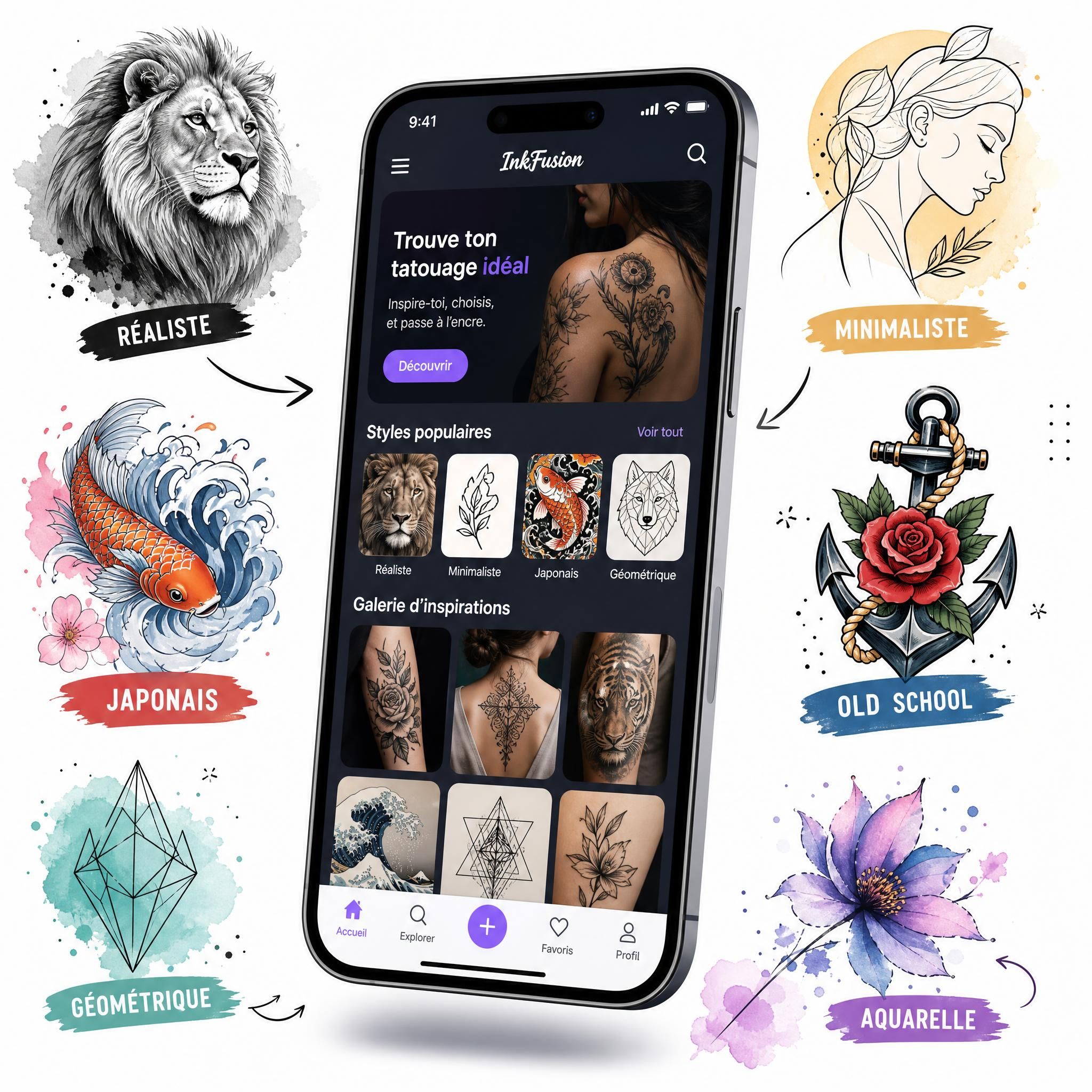 Illustration colorée montrant un smartphone avec une application de tatouage ouverte, entouré d'éléments graphiques représentant différents styles de tatouage