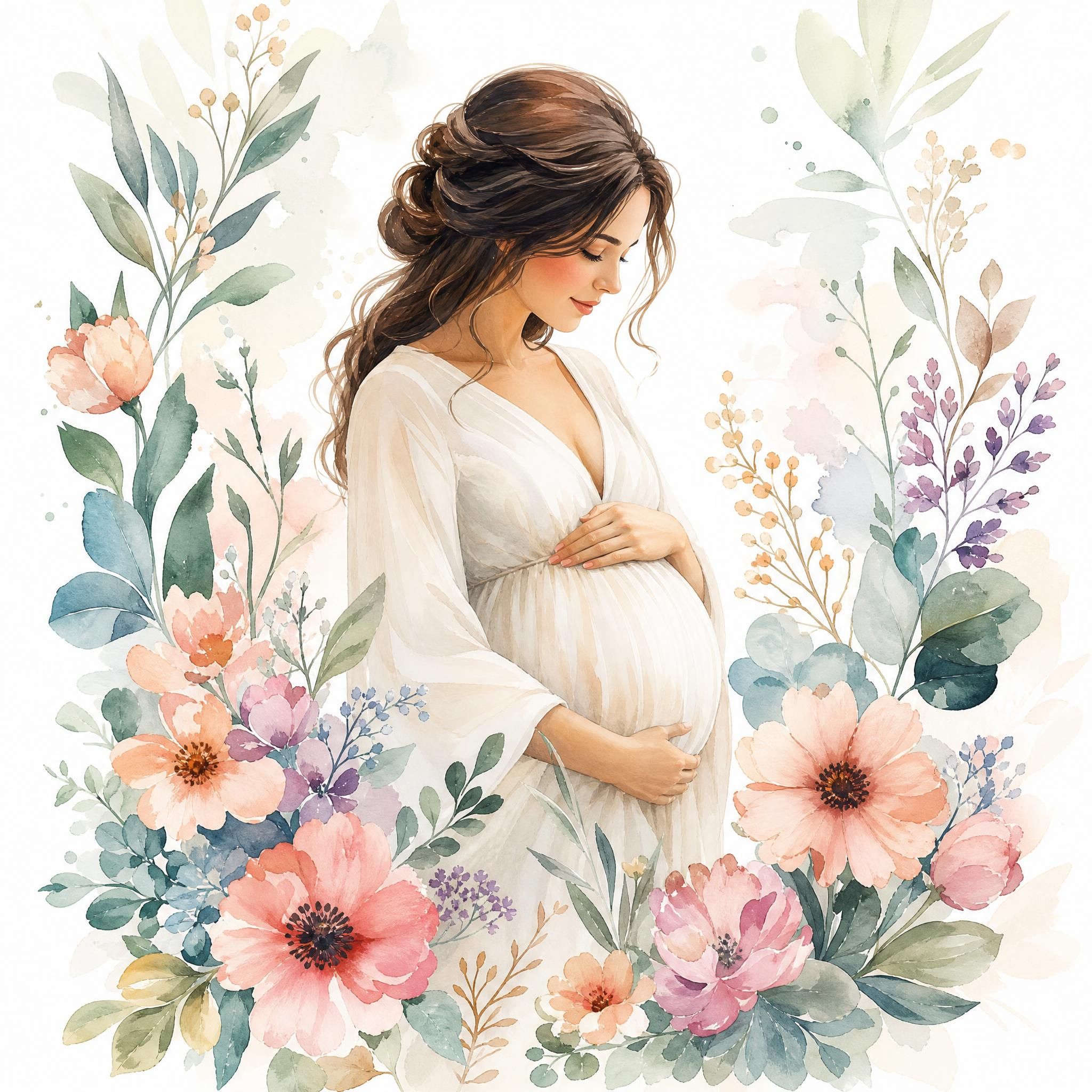 Illustration illustrative douce d'une femme enceinte entourée de fleurs et de motifs botaniques, style illustratif aquarelle sans texte