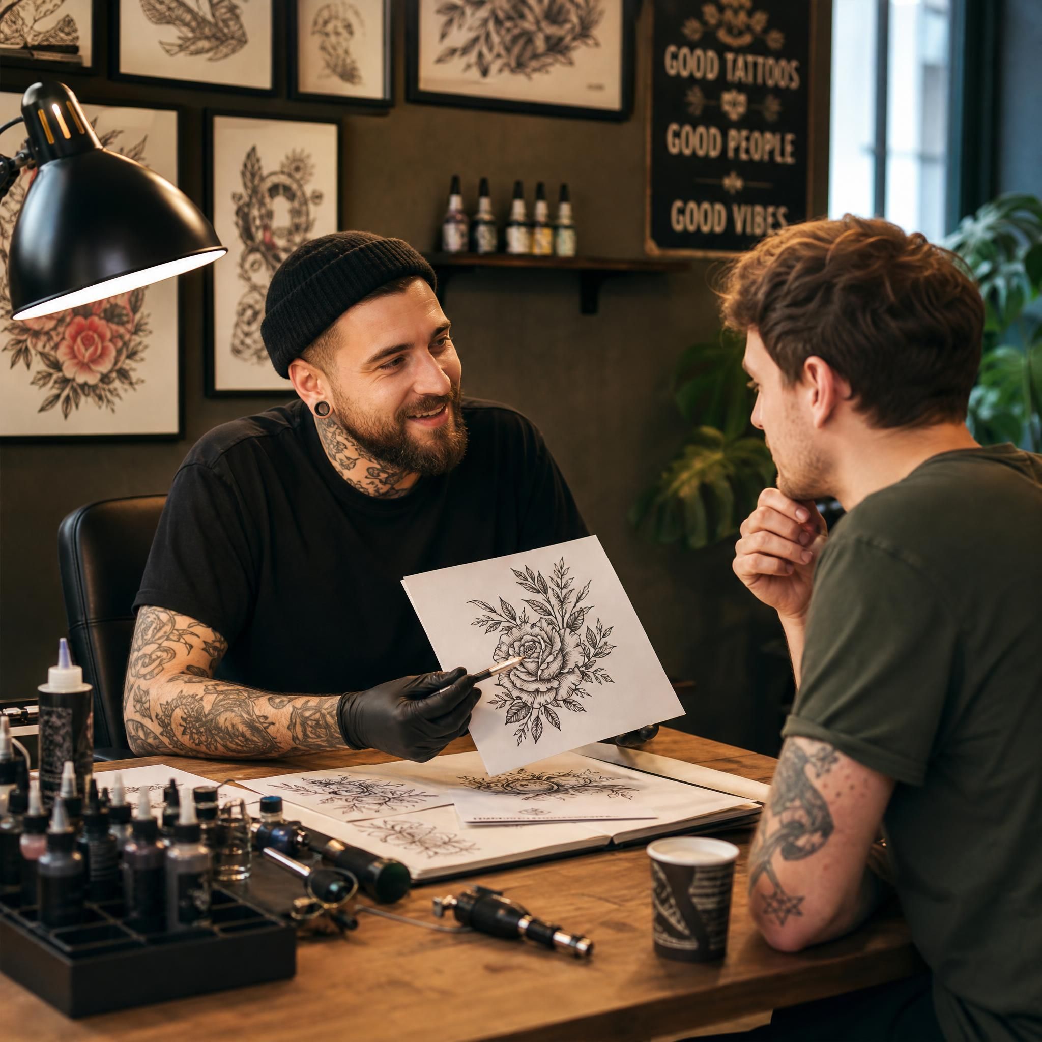 Illustration chaleureuse montrant un tatoueur et son client en consultation, entourés d'esquisses et d'outils de tatouage, ambiance studio créative et bienveillante