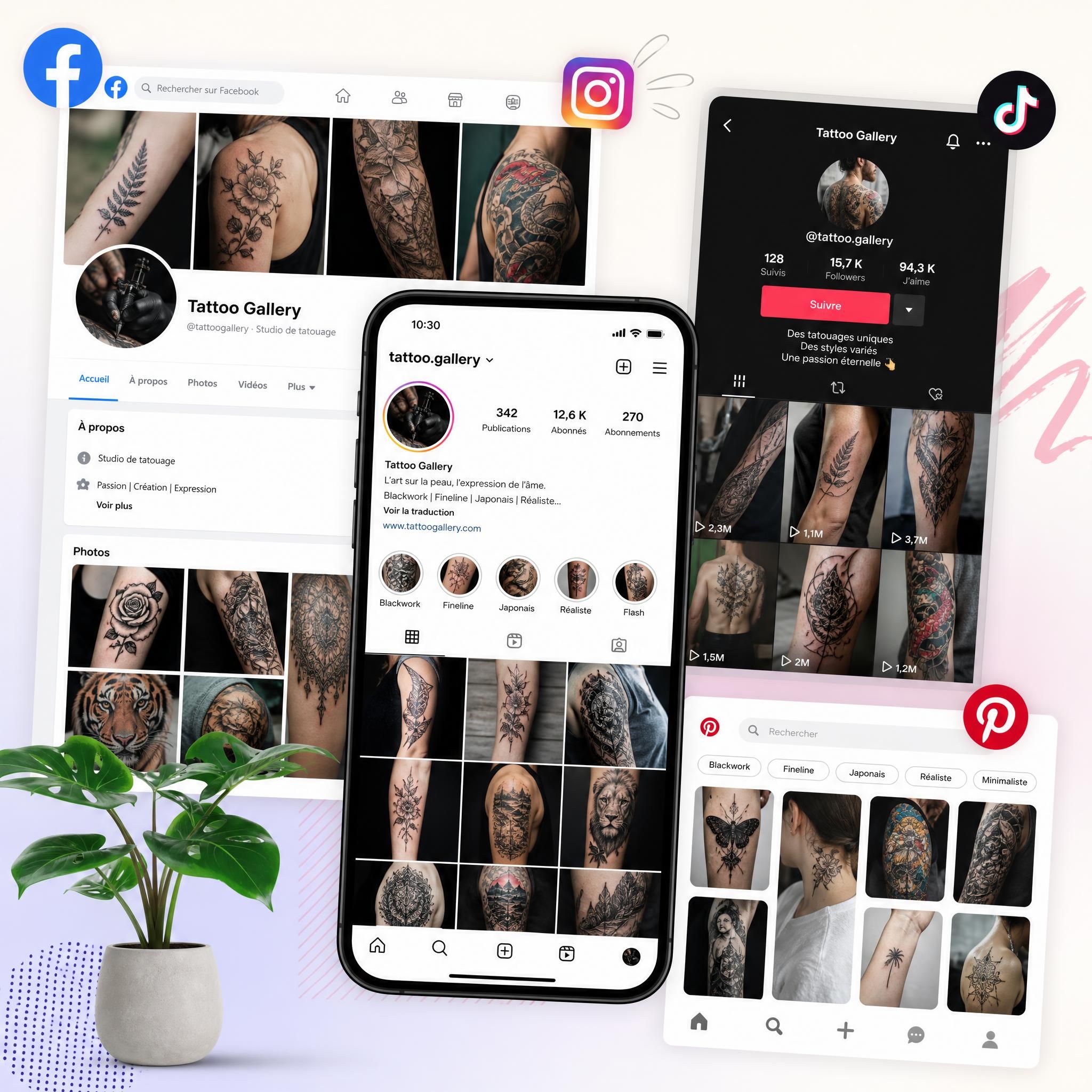 Illustration montrant différents écrans de réseaux sociaux avec des galeries de tatouages dans des styles variés, ambiance moderne et colorée