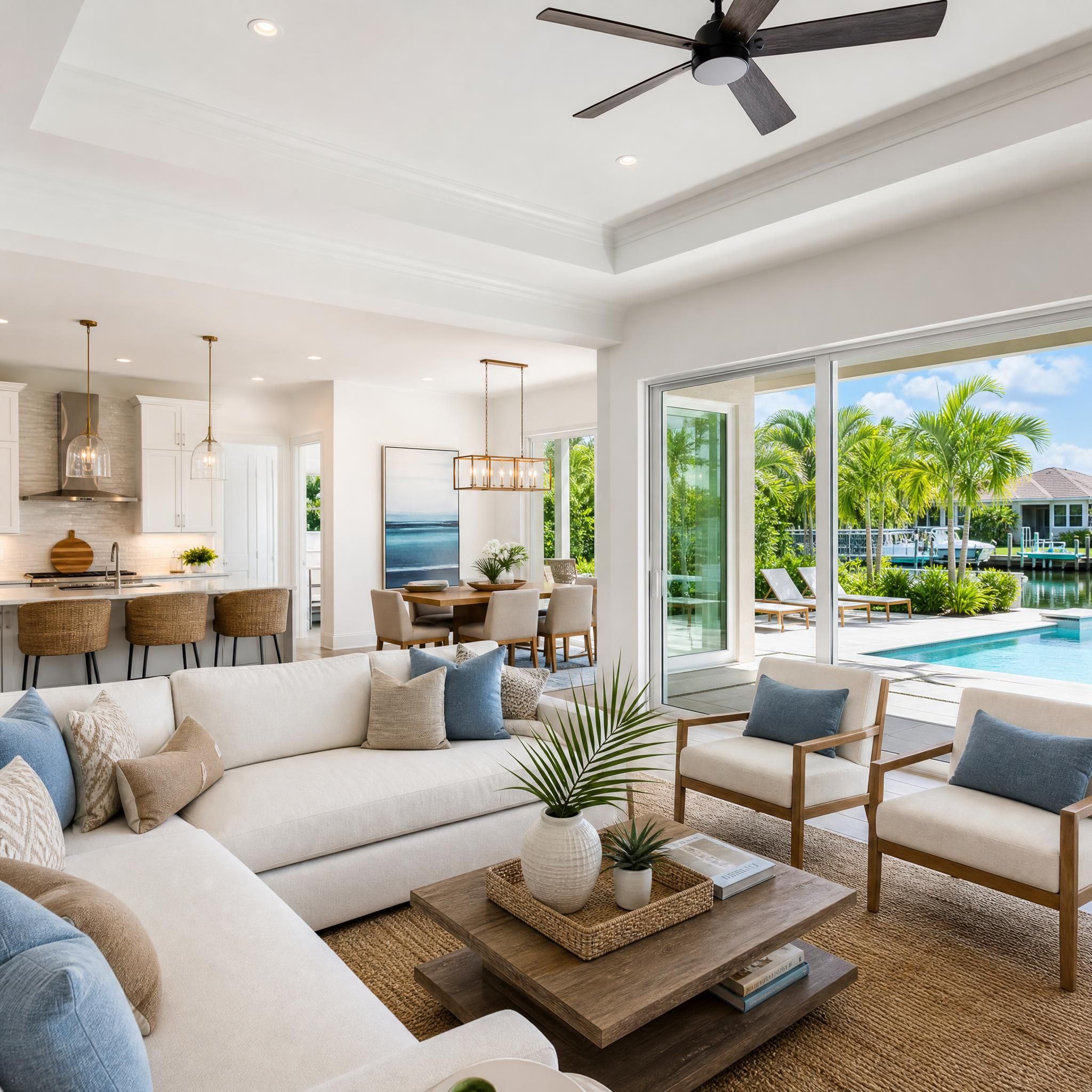 Beautifully staged South Florida home interior with bright natural light, modern furnishings, and open-plan living area ready for sale
