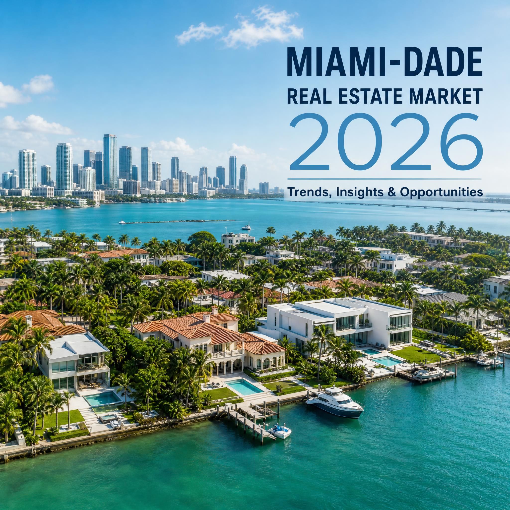 Aerial view of Miami-Dade waterfront luxury homes with Biscayne Bay in the background, showcasing South Florida real estate market 2026