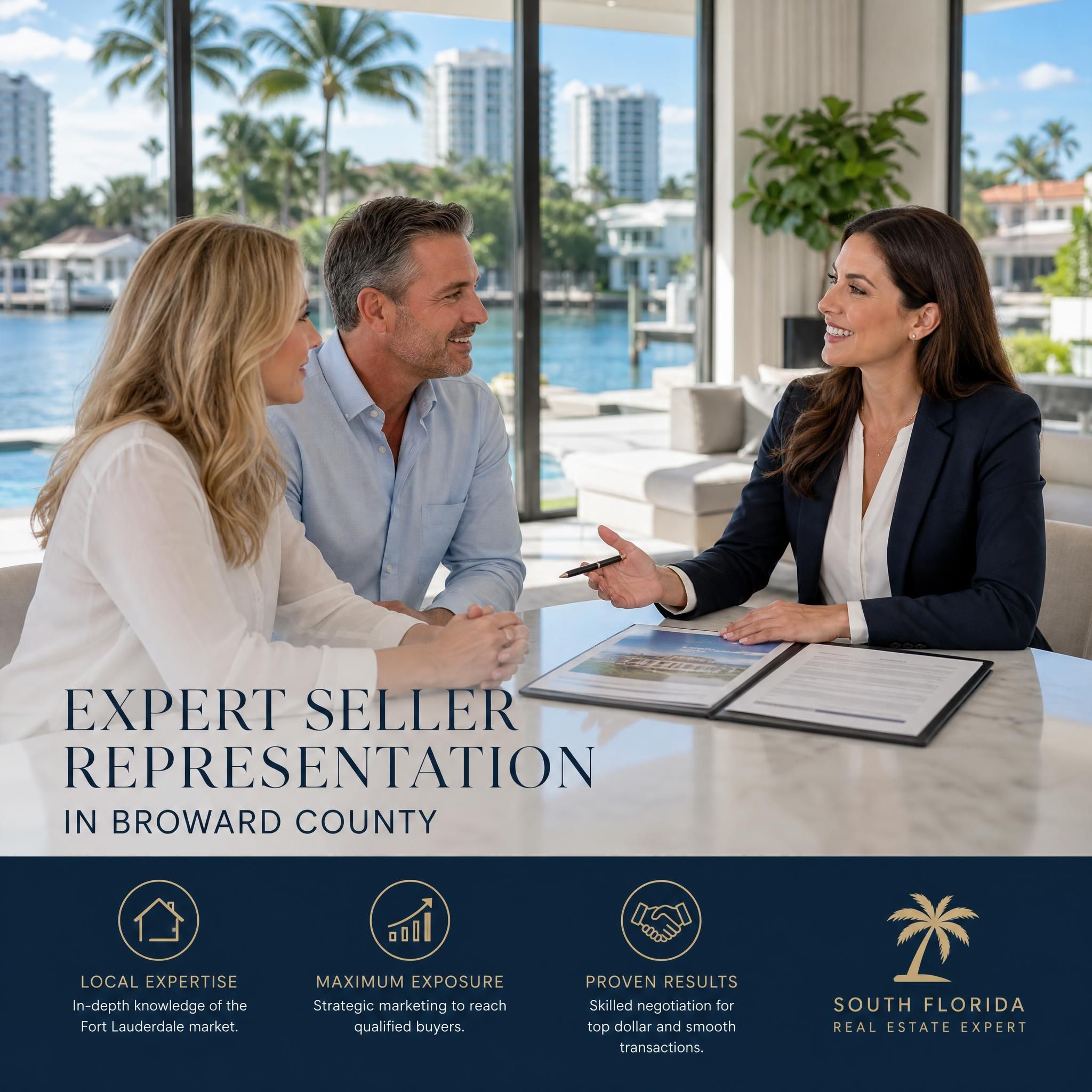 Professional South Florida real estate agent consulting with homeowners at a luxury property in Fort Lauderdale, representing expert seller representation in Broward County