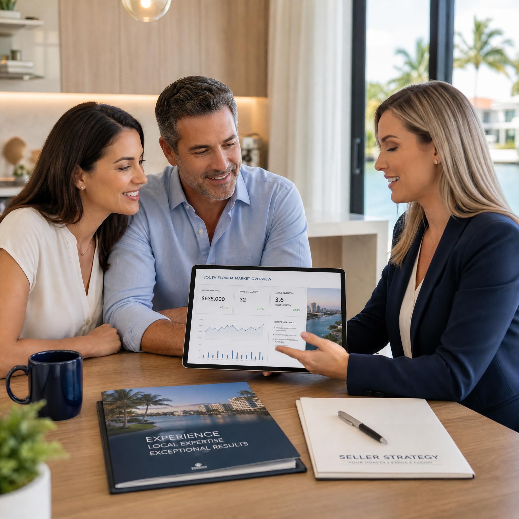 Professional real estate agent reviewing market data on a tablet with a South Florida seller couple at a kitchen table — representing expert seller consultation