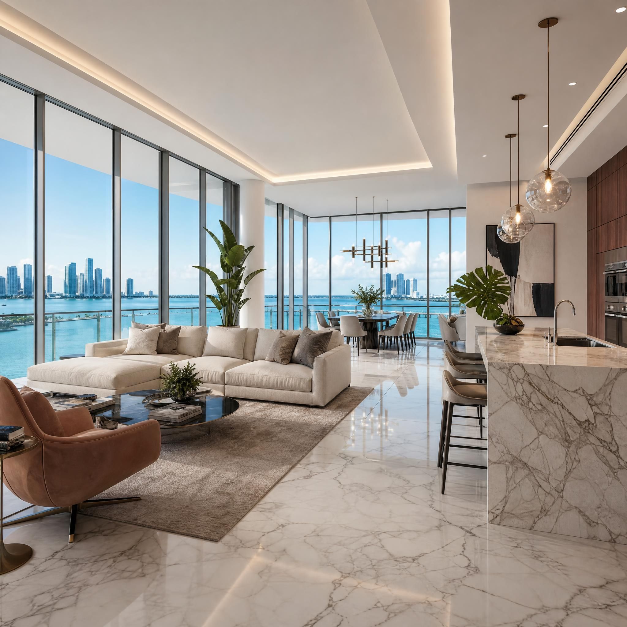 Elegant luxury condo interior with floor-to-ceiling windows overlooking Miami's Biscayne Bay, featuring Italian marble finishes and open-concept living space