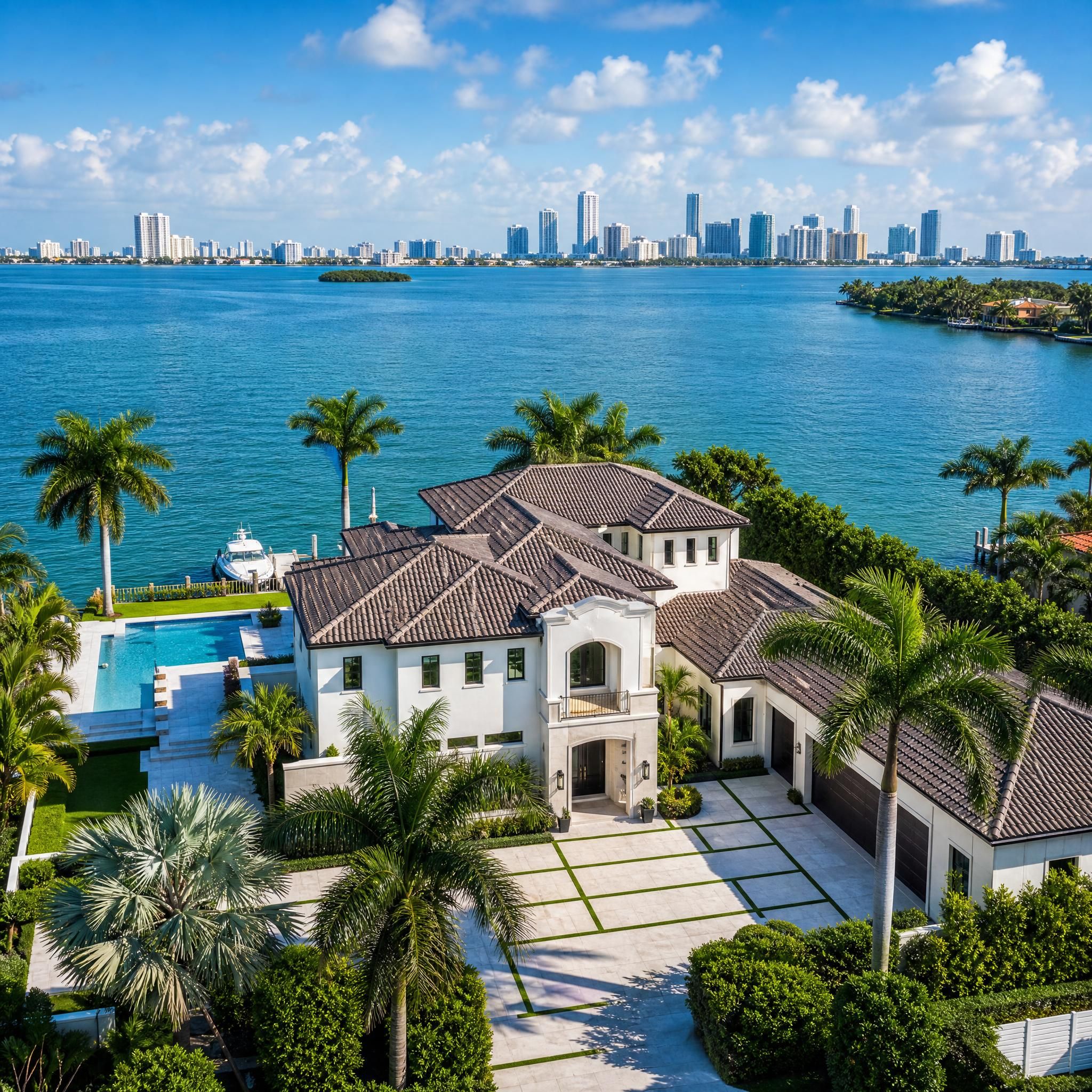 Aerial view of a luxury waterfront home in Miami-Dade County with Biscayne Bay in the background, representing South Florida real estate success
