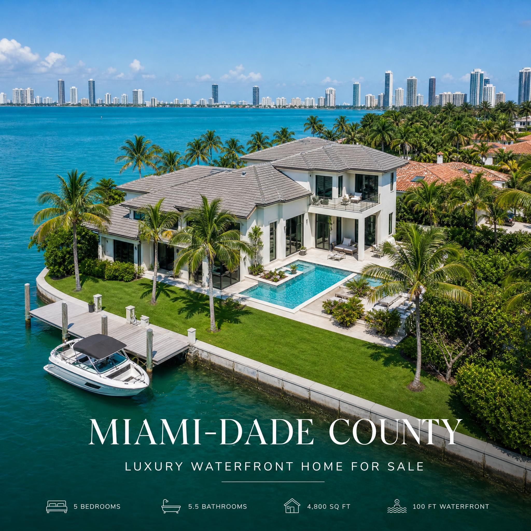 Aerial view of a luxury waterfront home in Miami-Dade County with blue ocean and palm trees, South Florida real estate for sale