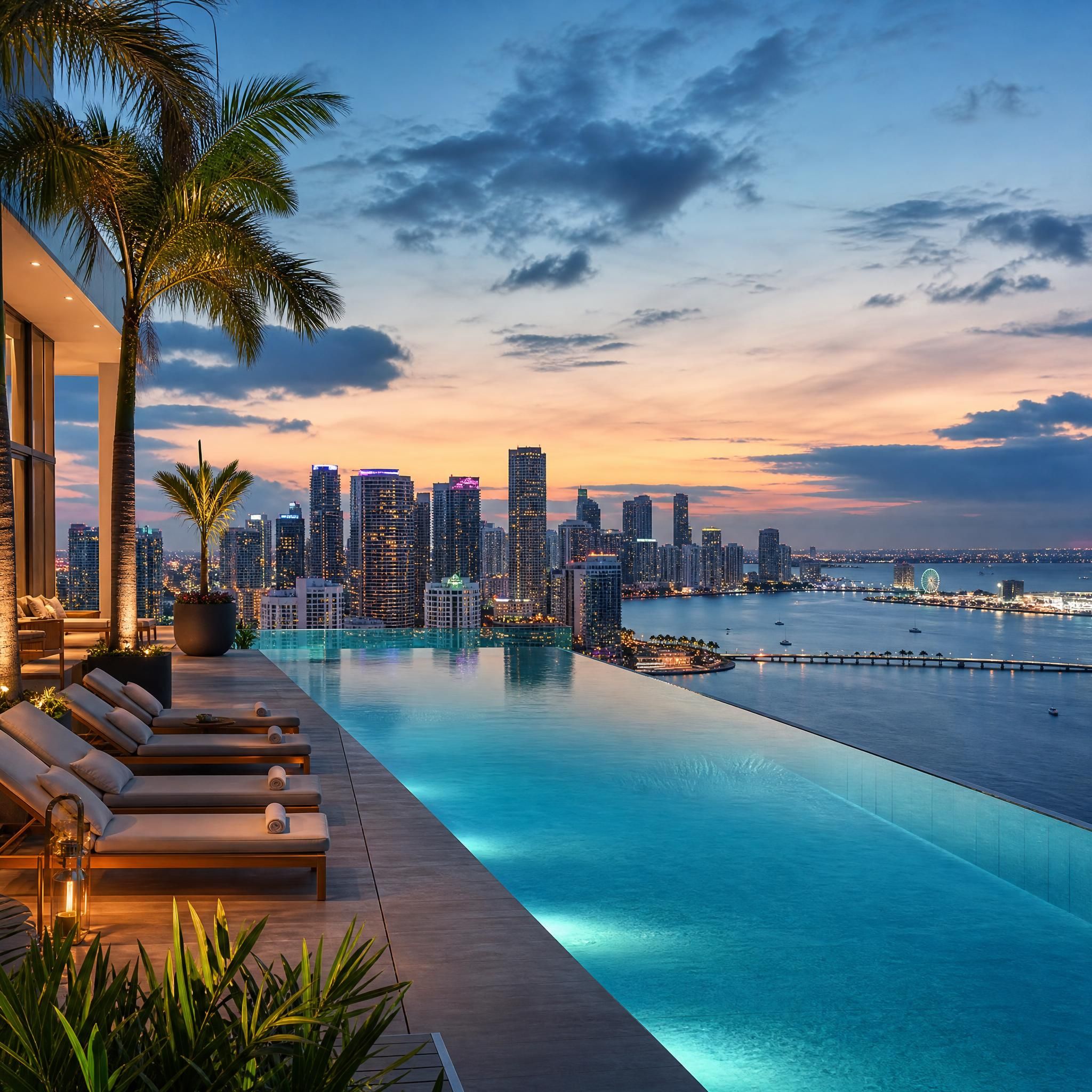 Rooftop infinity pool at a luxury Miami condo building with panoramic views of the Miami skyline and Biscayne Bay at dusk