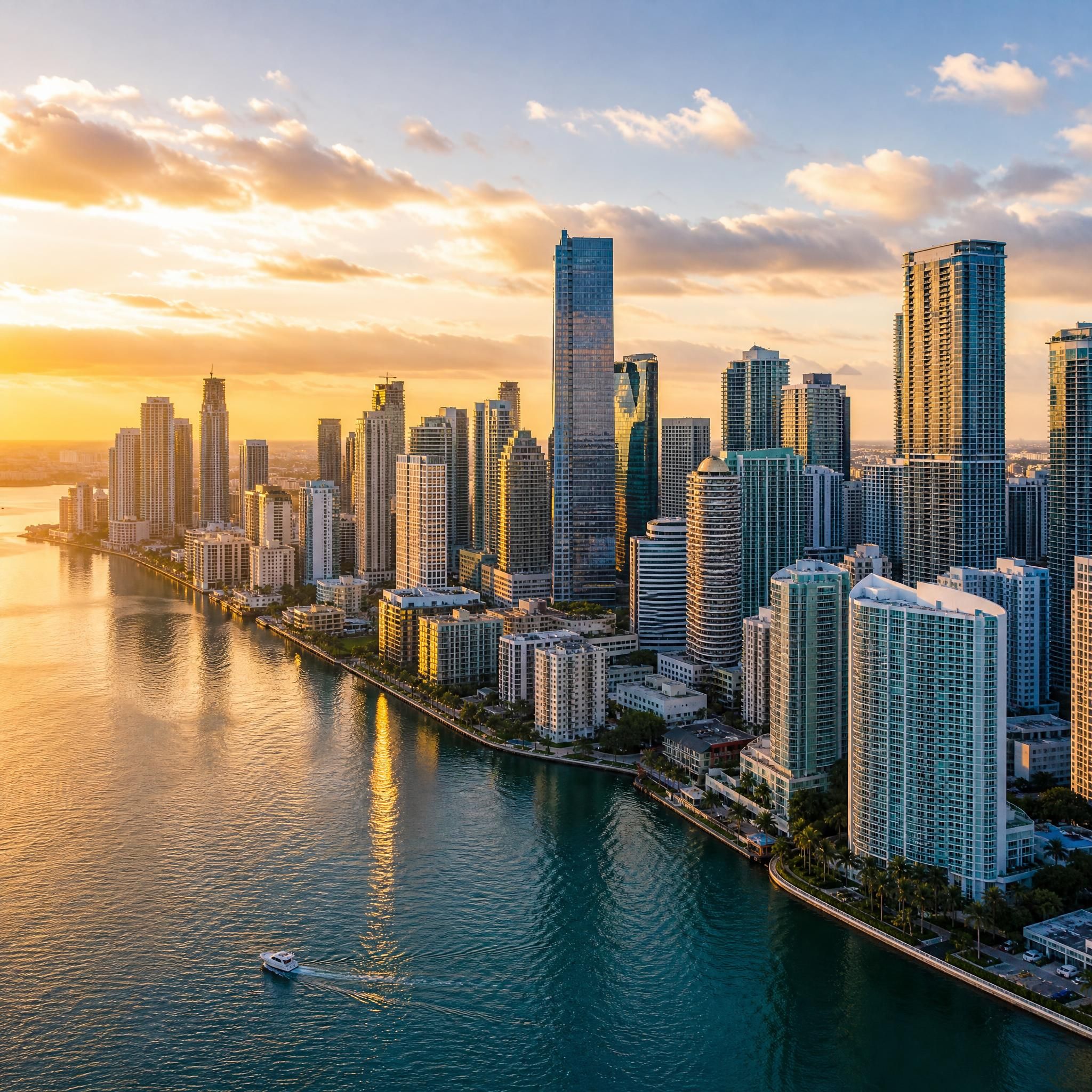 Aerial drone view of Miami's Brickell skyline at golden hour with Biscayne Bay reflecting luxury high-rise towers