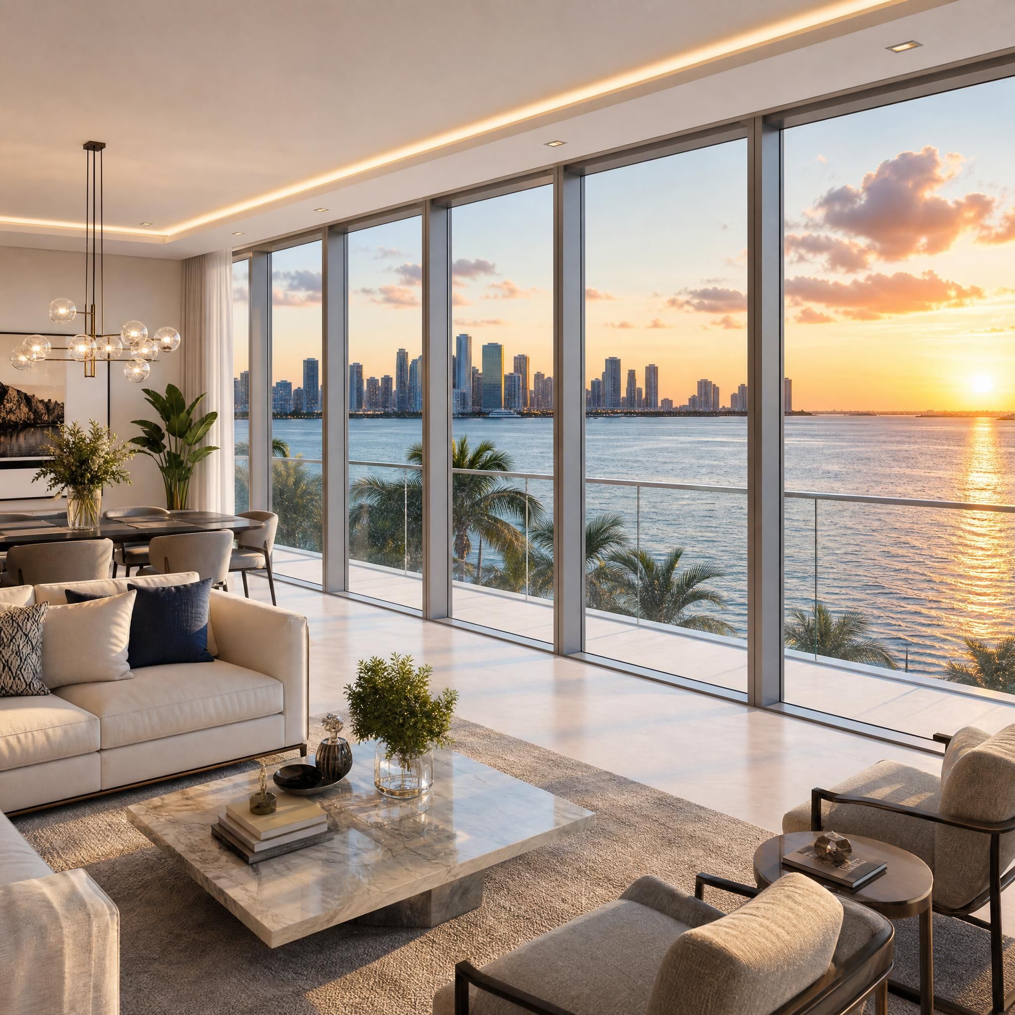 Luxury waterfront condo interior in Miami with floor-to-ceiling windows overlooking Biscayne Bay at golden hour