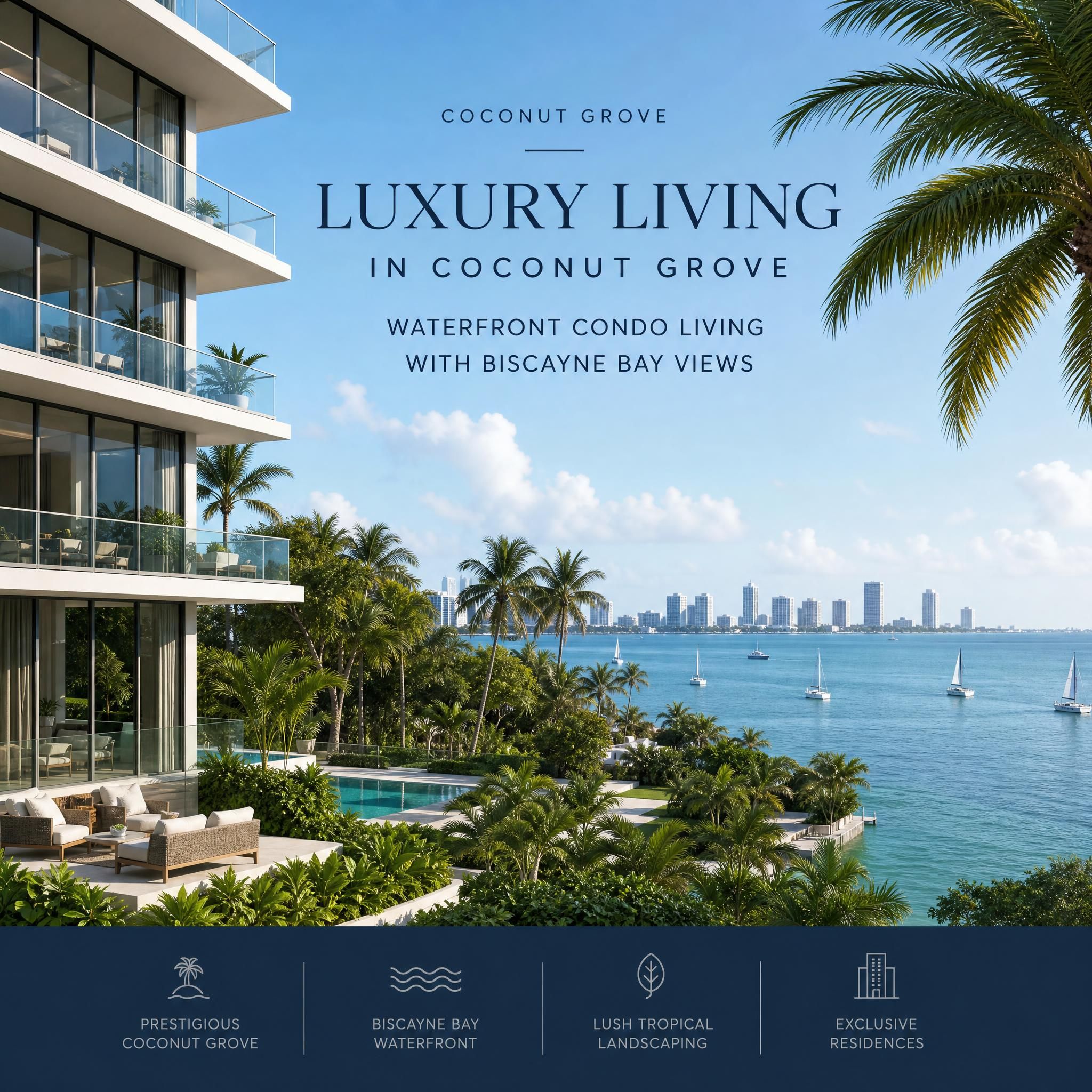 Luxury waterfront condo development in Coconut Grove Miami with lush tropical landscaping and Biscayne Bay views