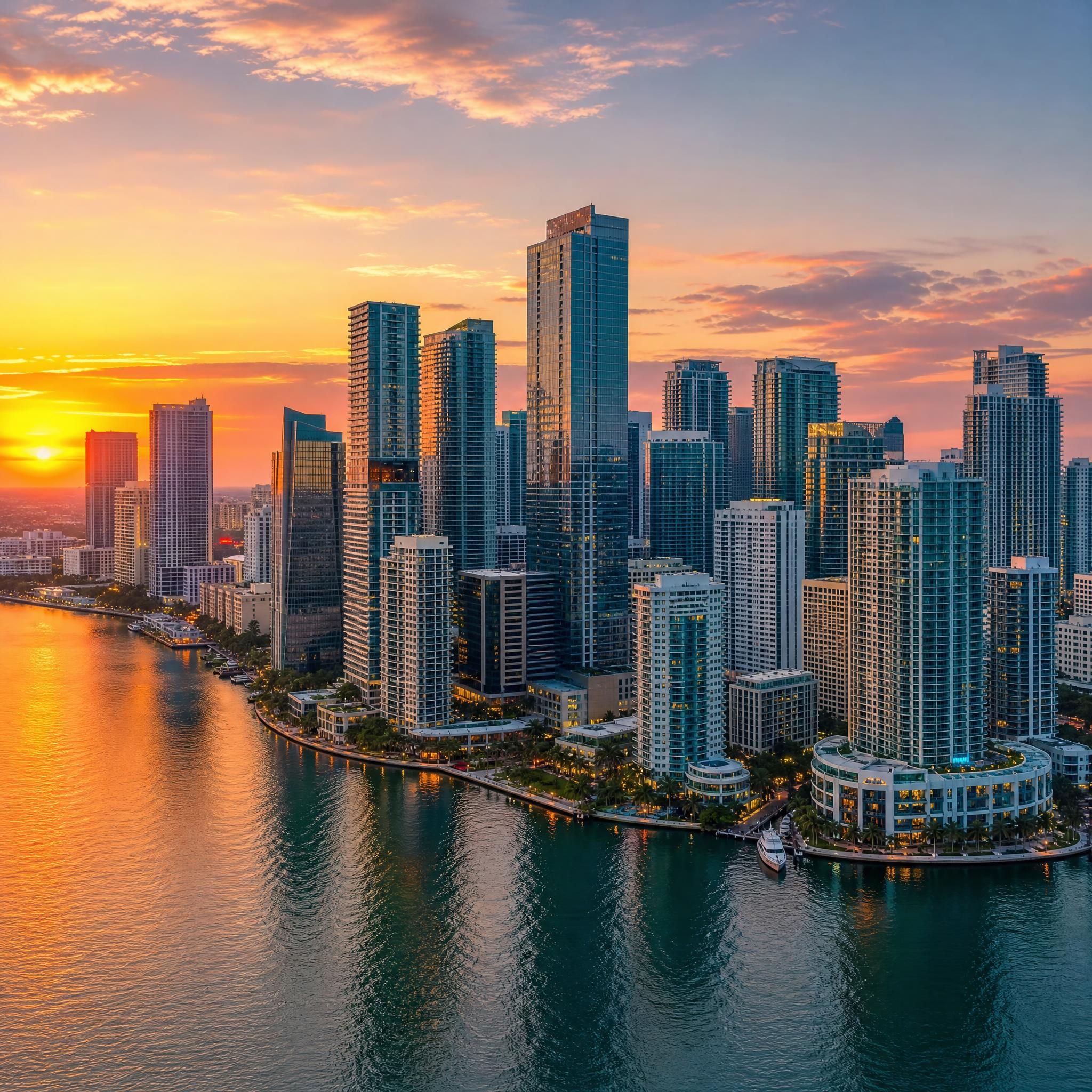 Aerial sunset view of Miami's Brickell skyline with luxury high-rise towers reflecting on Biscayne Bay waterfront