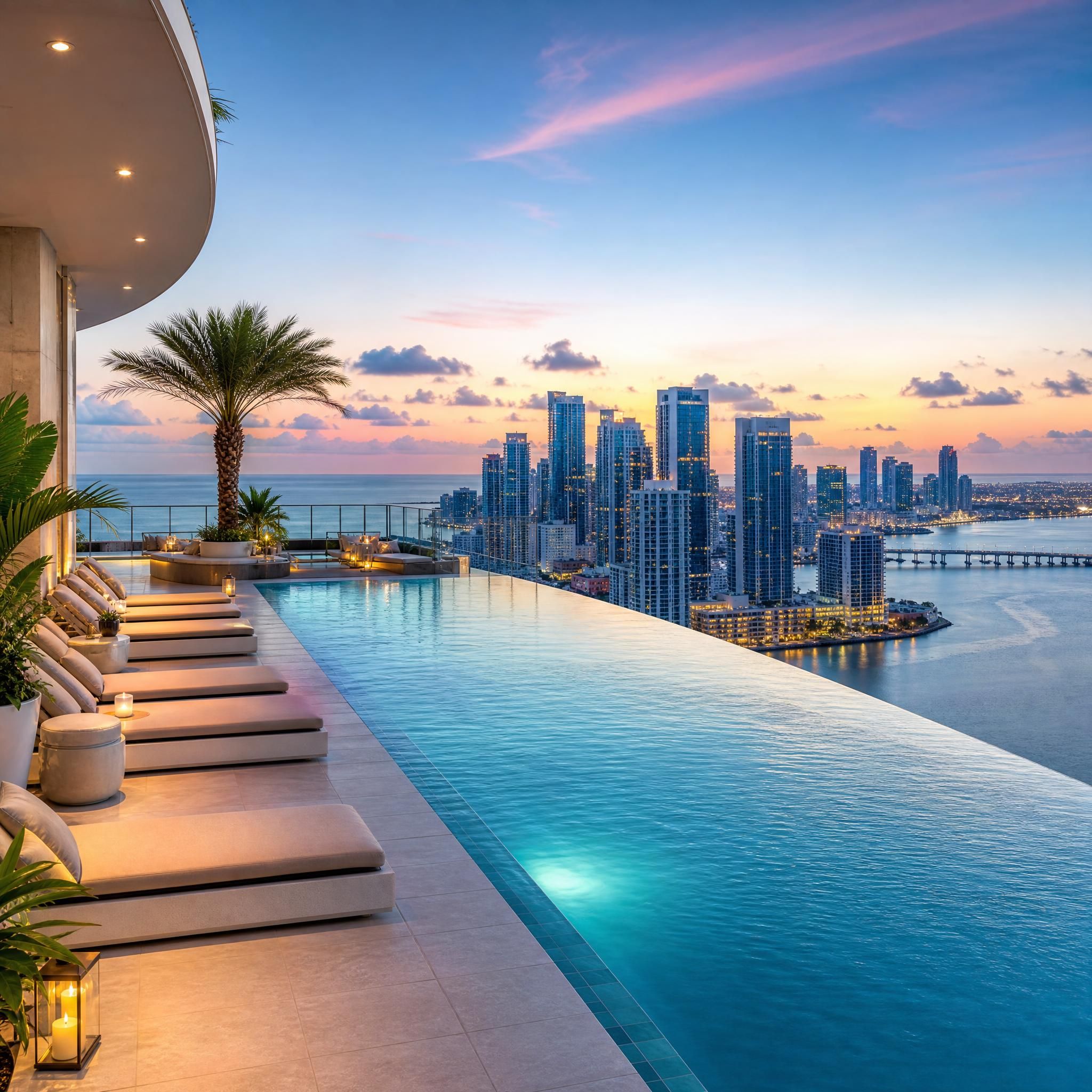 Rooftop infinity pool at a luxury Miami condo tower with panoramic views of the Miami skyline and ocean at dusk