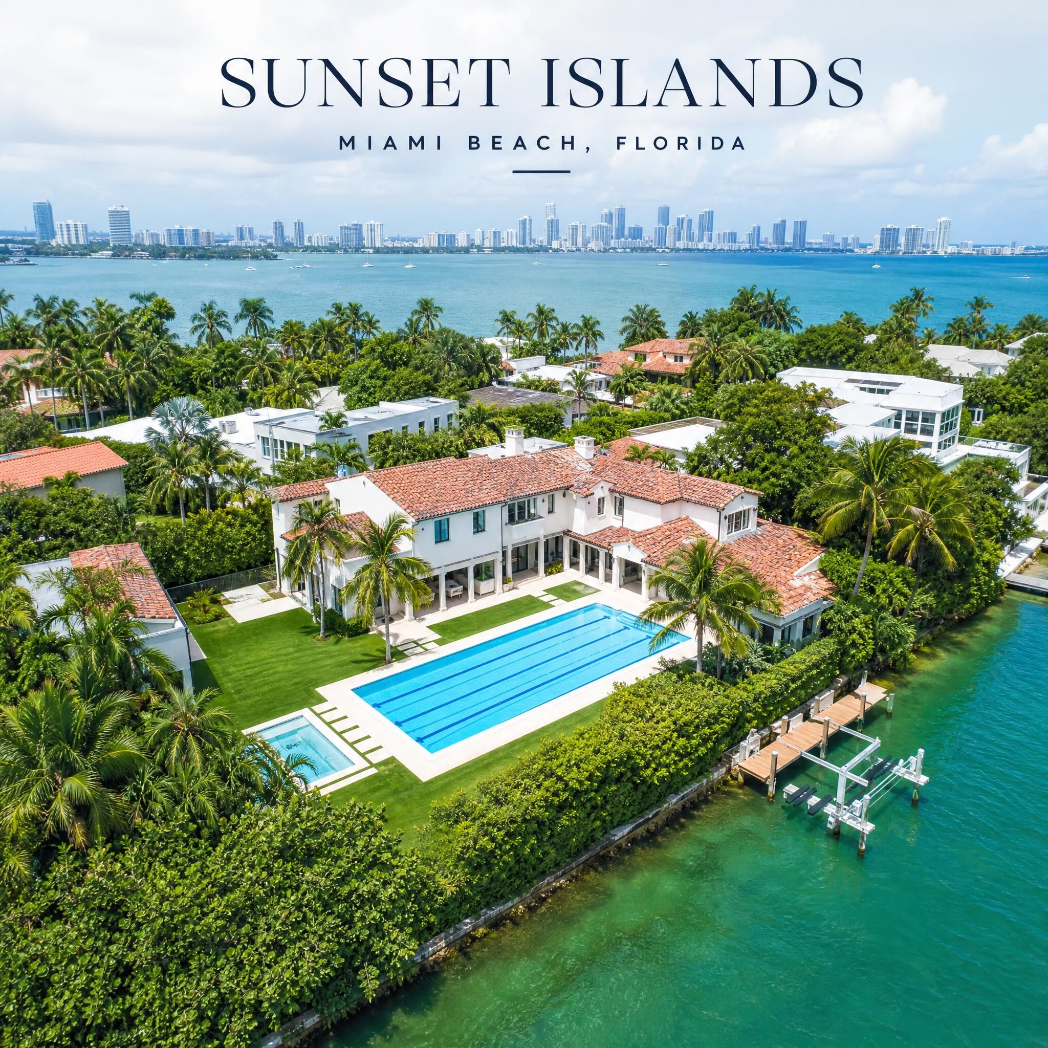 Aerial drone view of Miami Beach's Sunset Islands waterfront compound with Olympic lap pool, bay frontage, and lush tropical landscaping