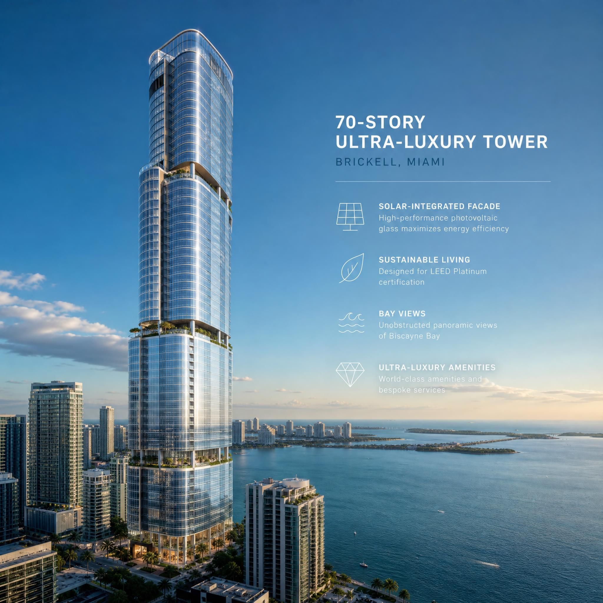 Architectural rendering of a 70-story ultra-luxury glass tower in Brickell Miami with solar-integrated facade and bay views