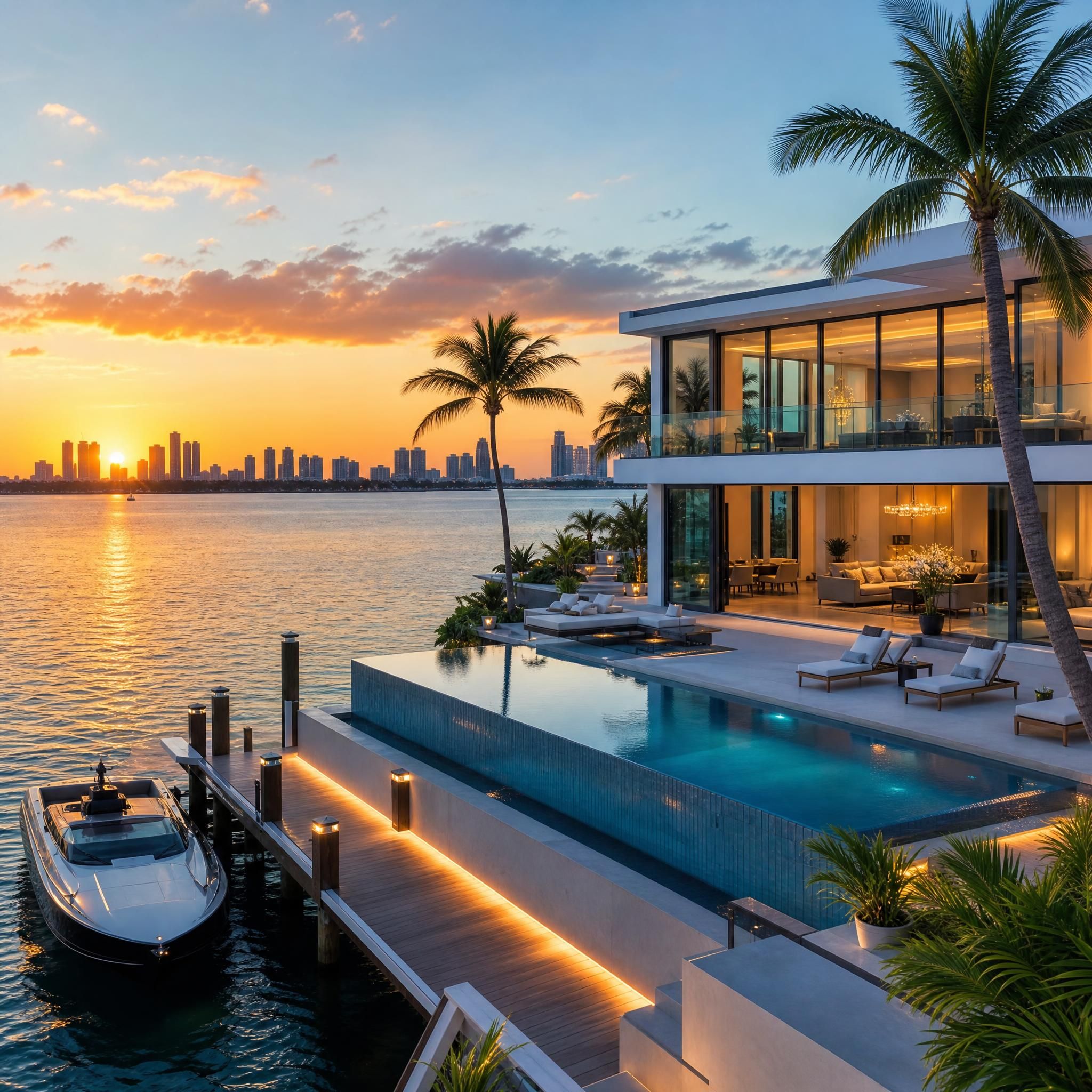 Stunning sunset view of Miami waterfront luxury estate with private dock, infinity pool, and panoramic Biscayne Bay backdrop