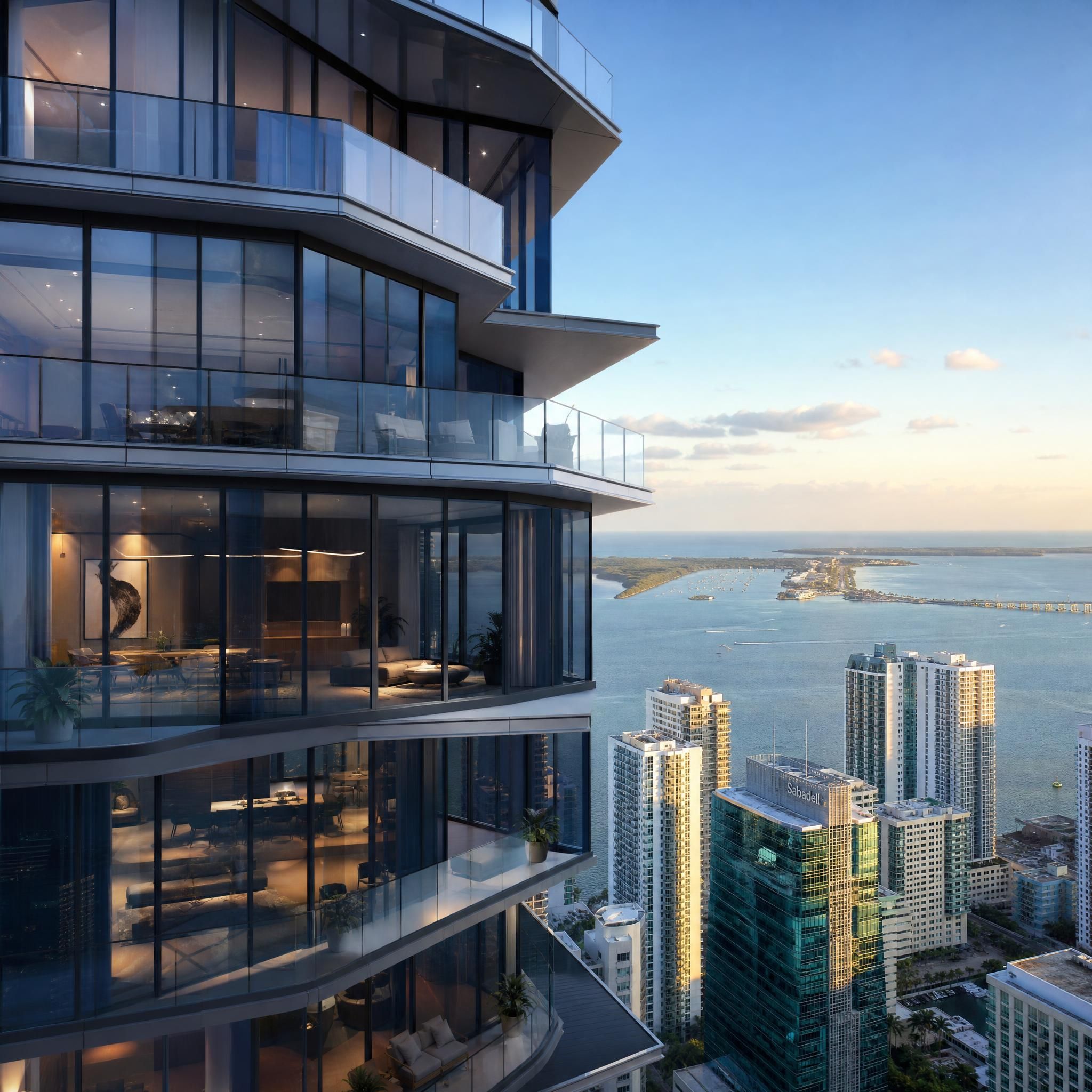 Architectural rendering of a sleek luxury high-rise tower in Brickell Miami with floor-to-ceiling glass facades and Biscayne Bay views