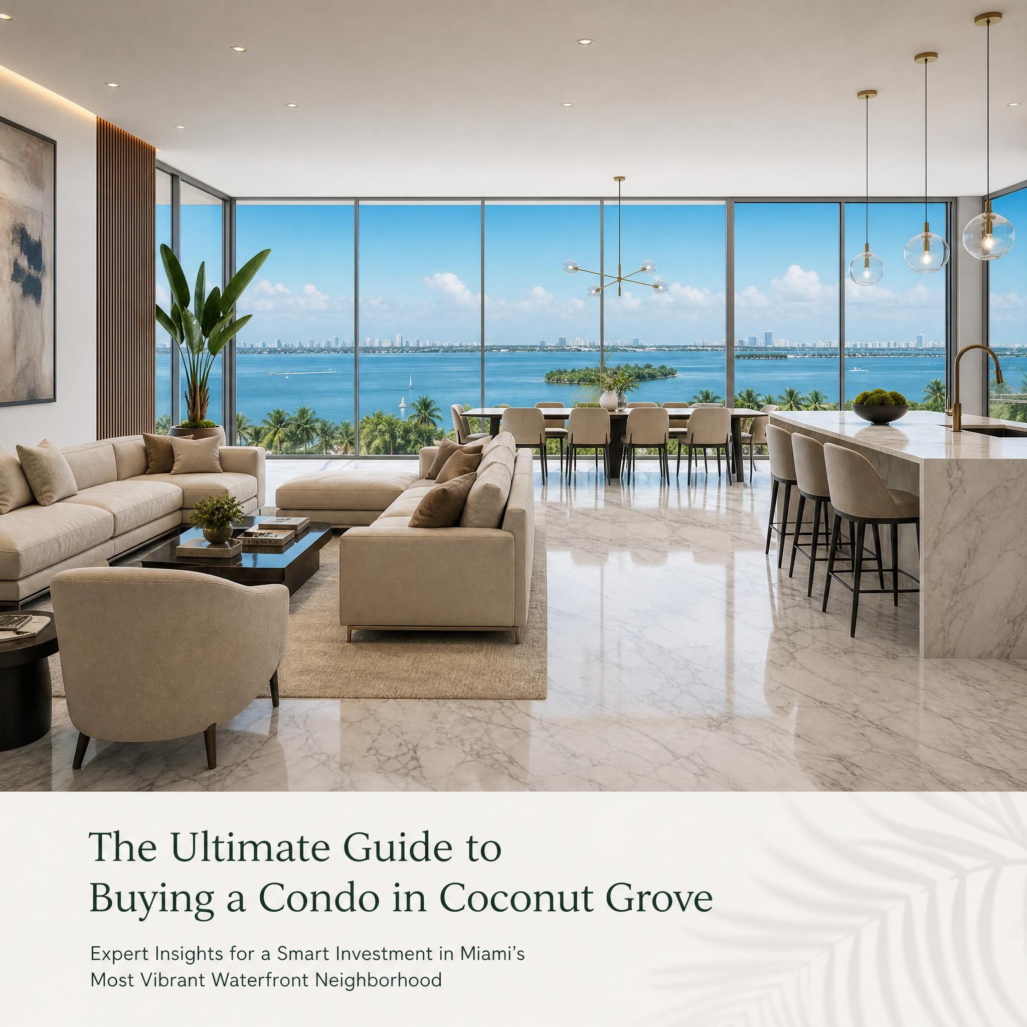 Luxury condo interior with open-plan living space, Italian marble floors, floor-to-ceiling windows overlooking Biscayne Bay in Coconut Grove Miami