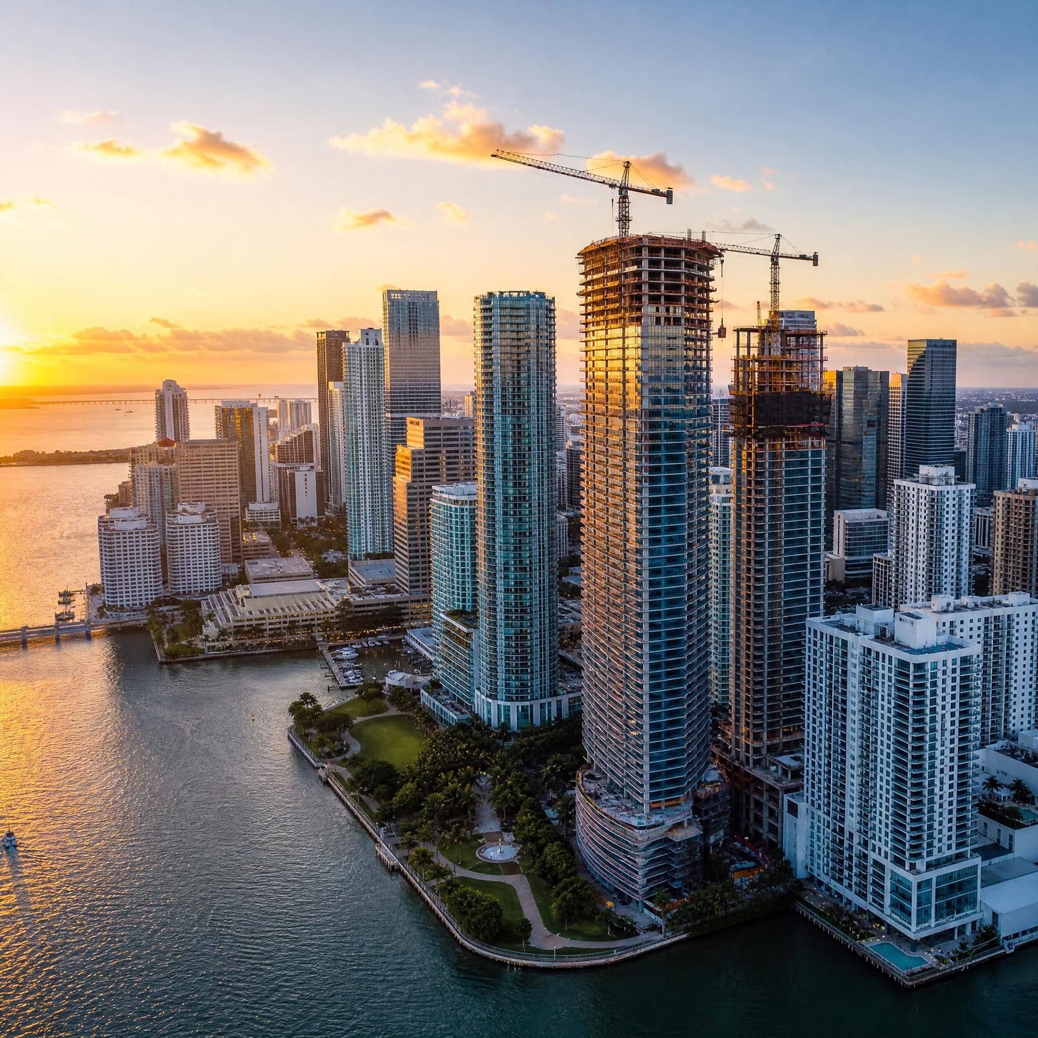 Aerial drone shot of Miami's Brickell skyline at golden hour with Biscayne Bay waterfront and luxury high-rise towers under construction