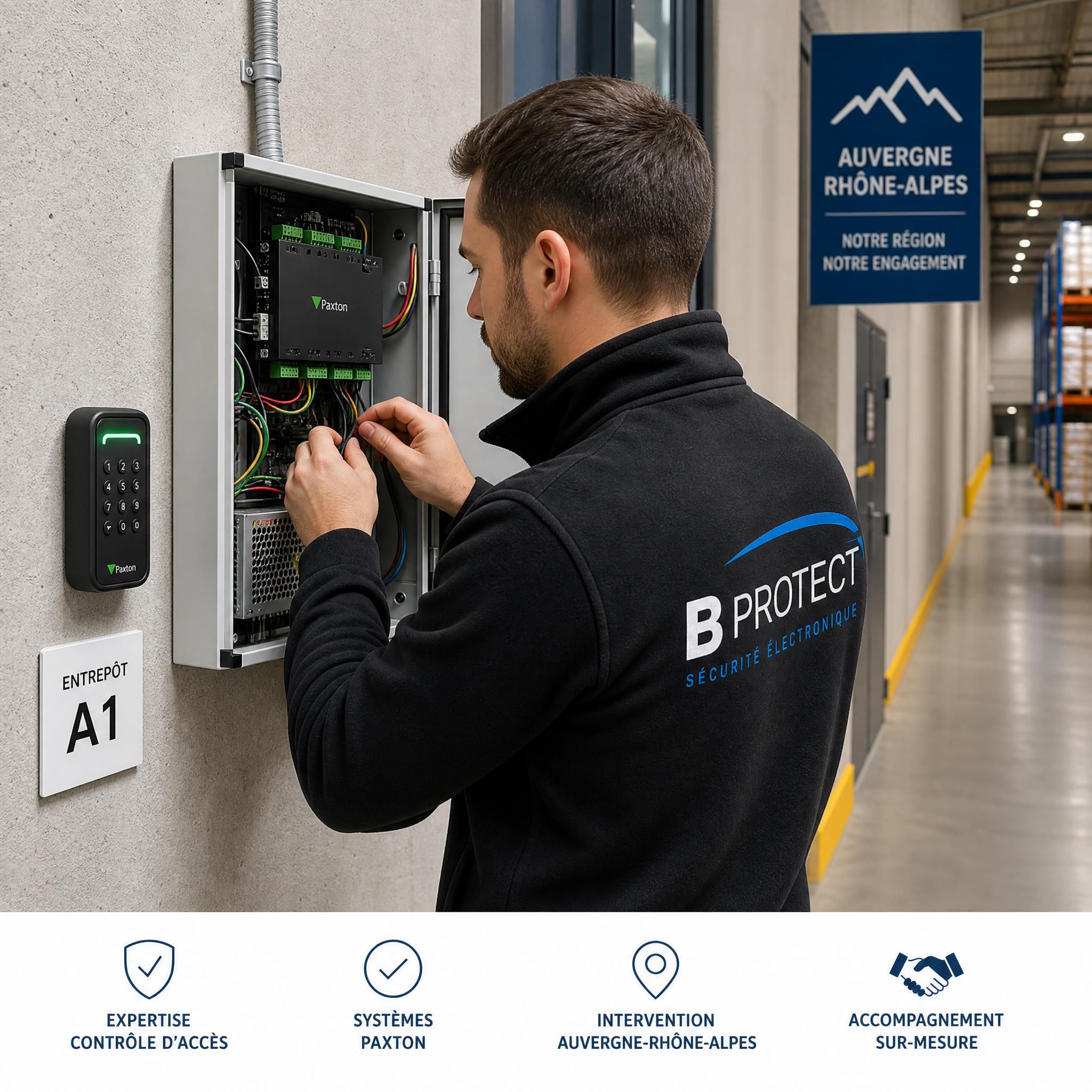 Technicien B PROTECT en train de câbler un panneau de contrôle d'accès Paxton dans un couloir industriel d'un entrepôt logistique en Auvergne-Rhône-Alpes