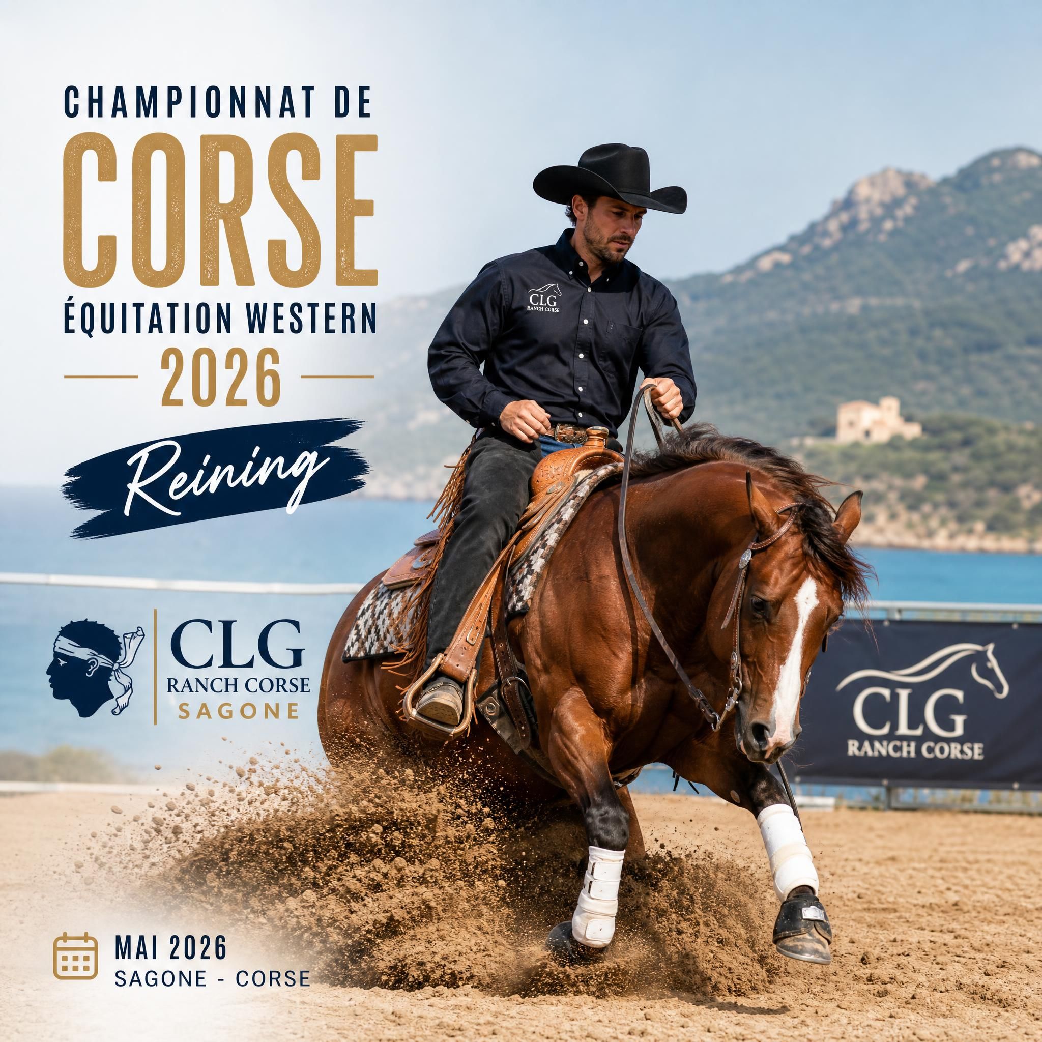 Cavalier en action lors d'une épreuve de reining au Championnat de Corse d'équitation western 2026, CLG Ranch Corse, Sagone