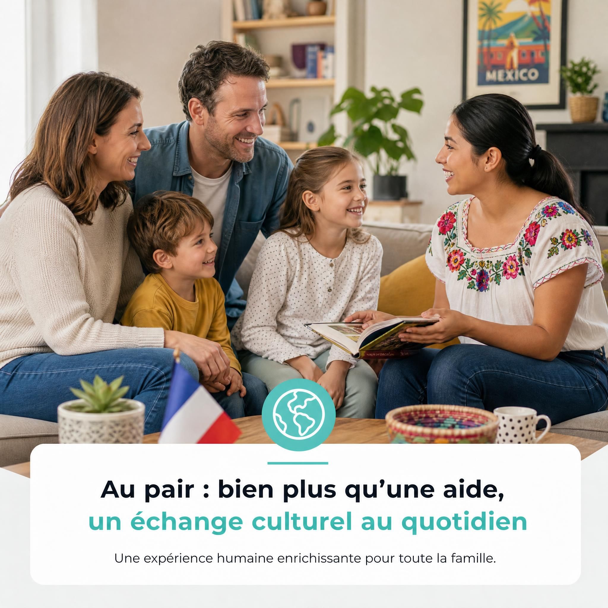 Famille française souriante avec une jeune au pair mexicaine dans un salon chaleureux, échange culturel au quotidien