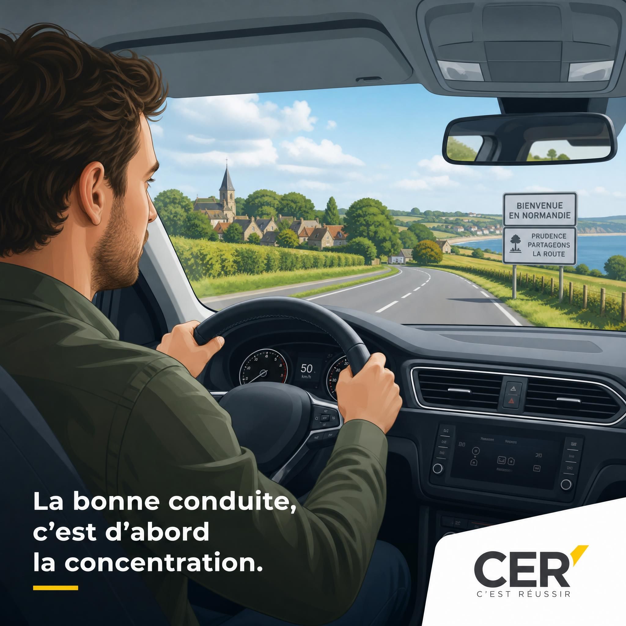 Conducteur concentré au volant sur une route normande, illustration sécurité routière CER