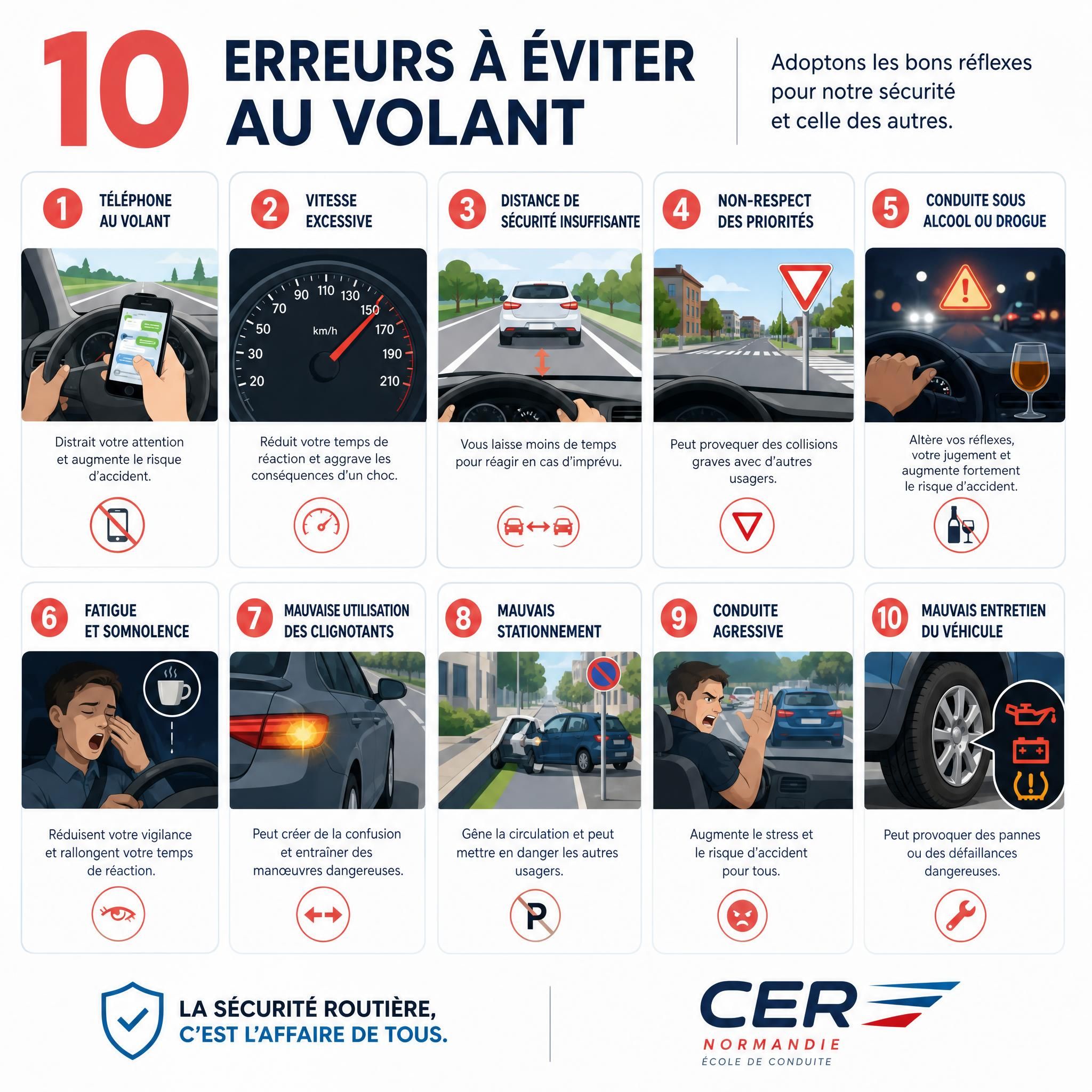 Illustration pédagogique des 10 erreurs à éviter au volant, infographie sécurité routière CER Normandie