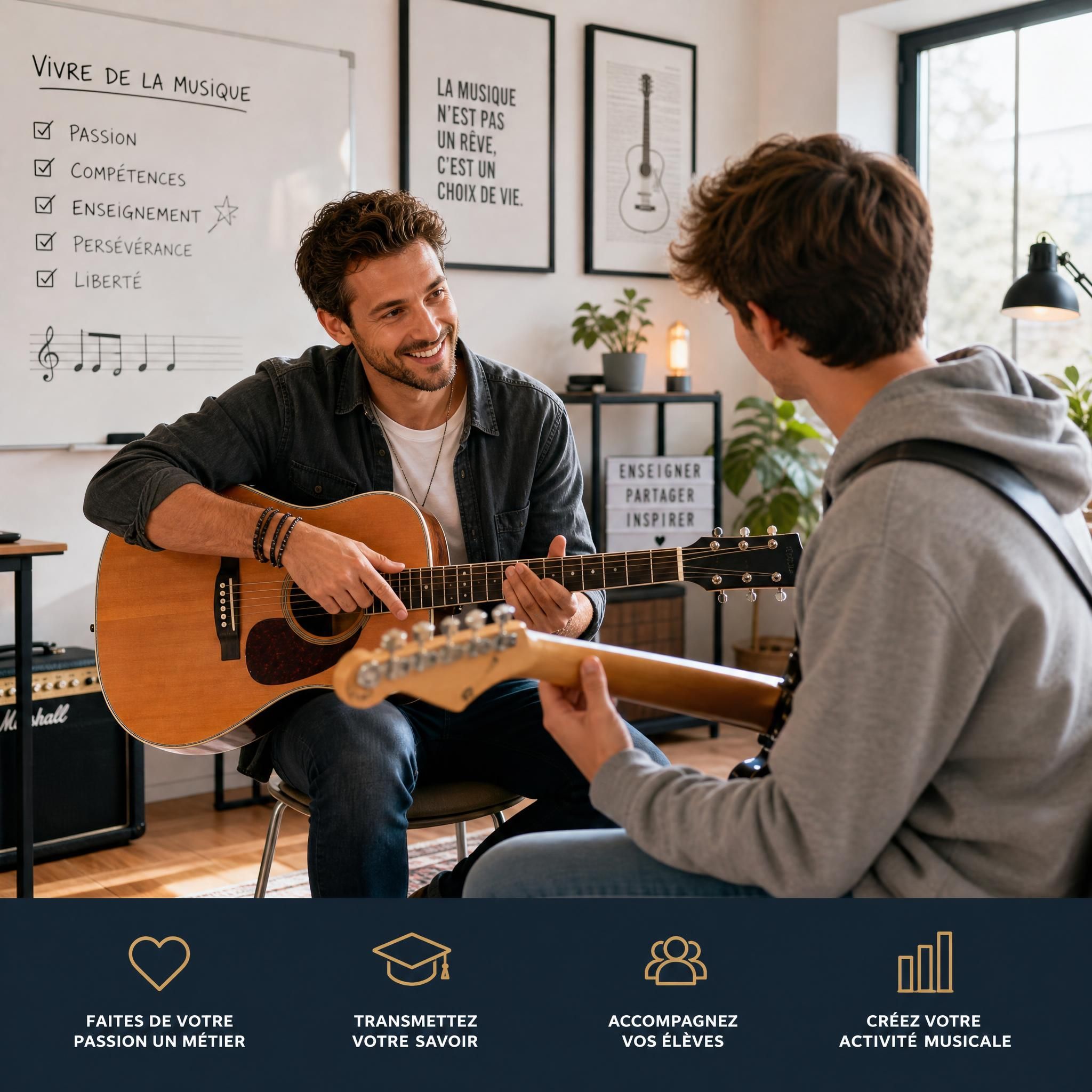Musicien professionnel souriant en train d'enseigner la guitare à un élève dans un studio lumineux, illustrant comment vivre de la musique grâce à l'enseignement