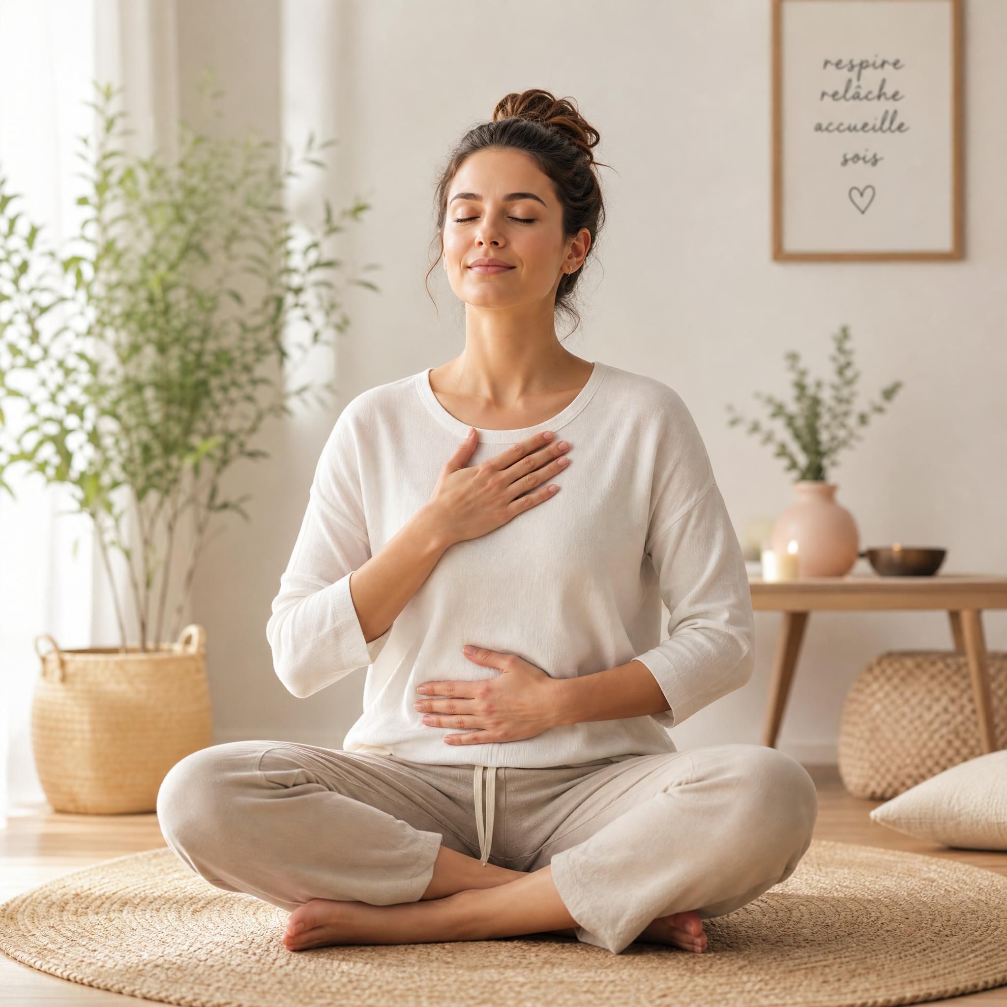 Illustration apaisante d'une femme pratiquant la respiration abdominale, une main posée sur le cœur et l'autre sur le ventre, lumière naturelle douce, ambiance bien-être et sérénité