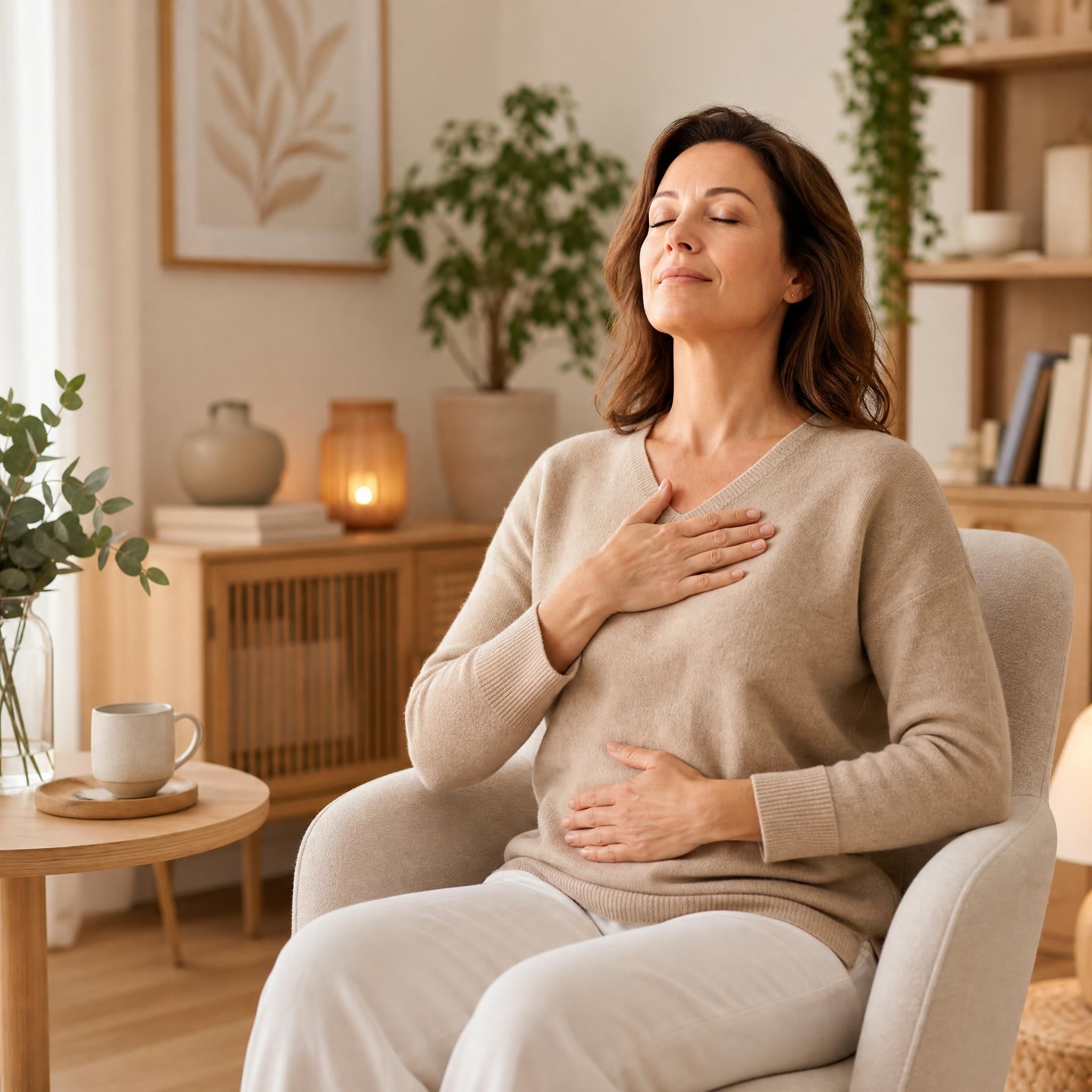 Femme d'environ 40 ans assise dans un fauteuil confortable, yeux fermés, visage serein, pratiquant un exercice de respiration profonde dans un espace chaleureux aux tons beige et bois clair