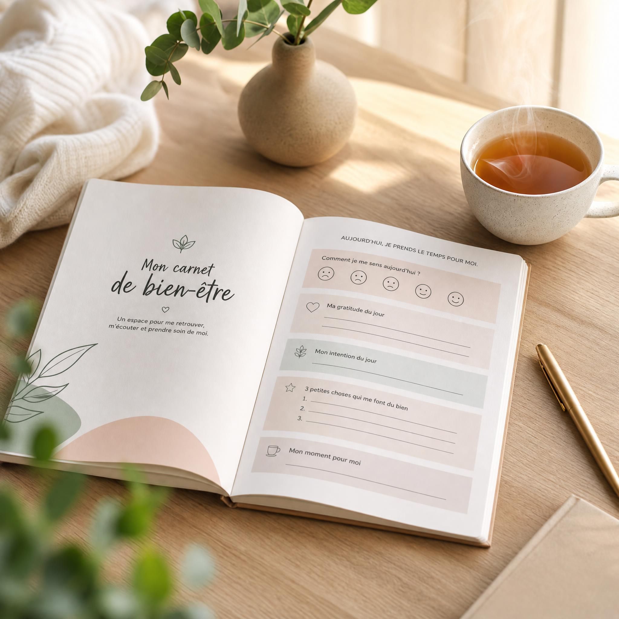 Carnet de bien-être ouvert sur une table en bois clair avec une tasse de thé fumante, lumière matinale douce, symbolisant un rituel quotidien de relaxation et d'ancrage intérieur