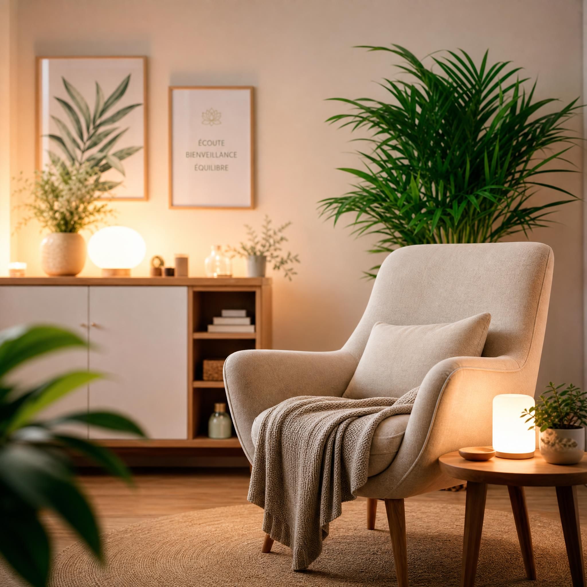 Espace de soin apaisant avec fauteuil confortable, lumière tamisée, plante verte et ambiance cocooning, évoquant un cabinet de bien-être professionnel