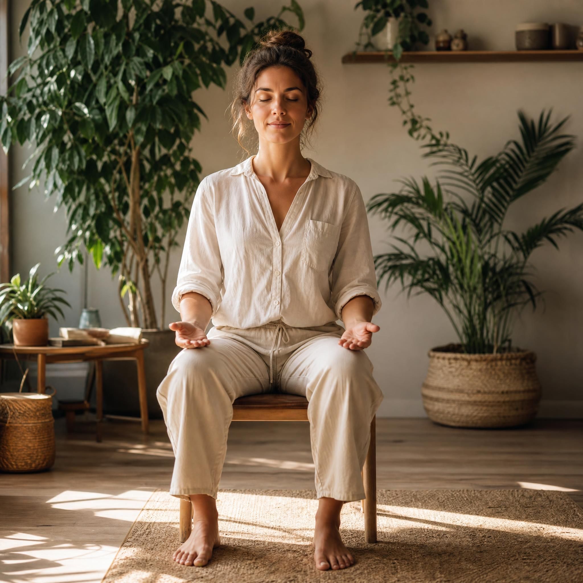 Femme en position d'ancrage, pieds à plat au sol, mains ouvertes sur les genoux, lumière naturelle dorée, ambiance sereine et végétale, style photographie bien-être