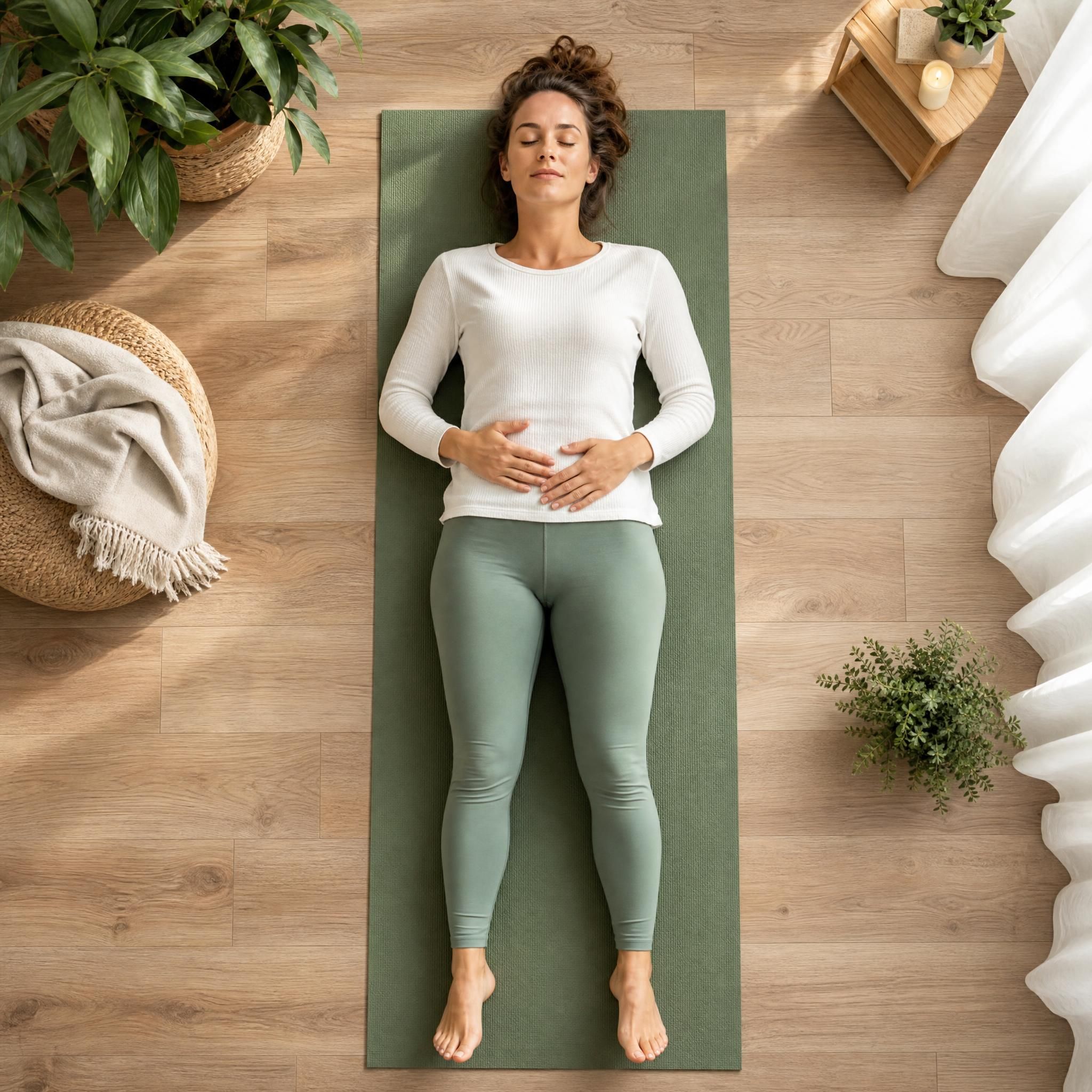 Vue de dessus d'une femme allongée sur un tapis de yoga, en position de relaxation, mains ouvertes sur le ventre, dans une pièce lumineuse aux tons naturels