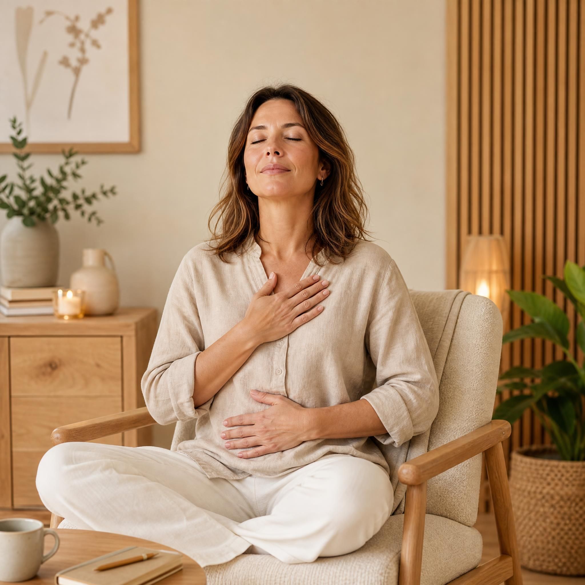 Femme d'environ 40 ans, yeux fermés, visage serein, assise dans un fauteuil confortable, pratiquant un exercice de respiration profonde dans un espace chaleureux aux tons beige et bois clair