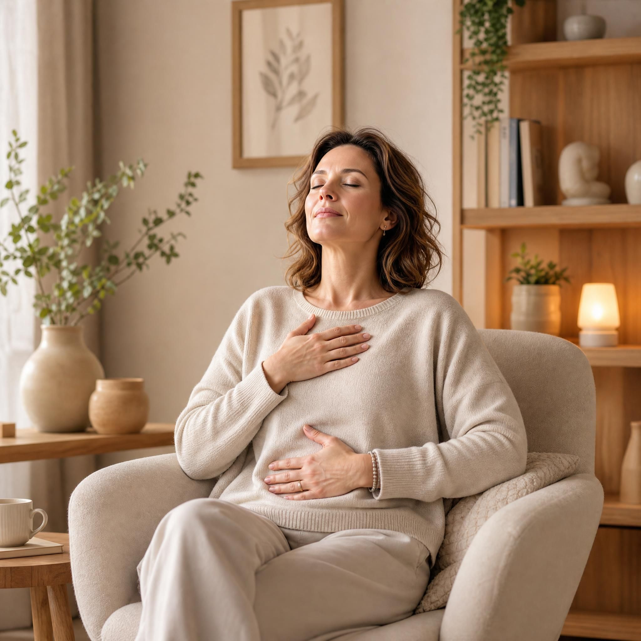 Femme d'environ 40 ans, yeux fermés, visage serein, assise dans un fauteuil confortable, pratiquant un exercice de respiration profonde dans un intérieur chaleureux aux tons beige et bois clair