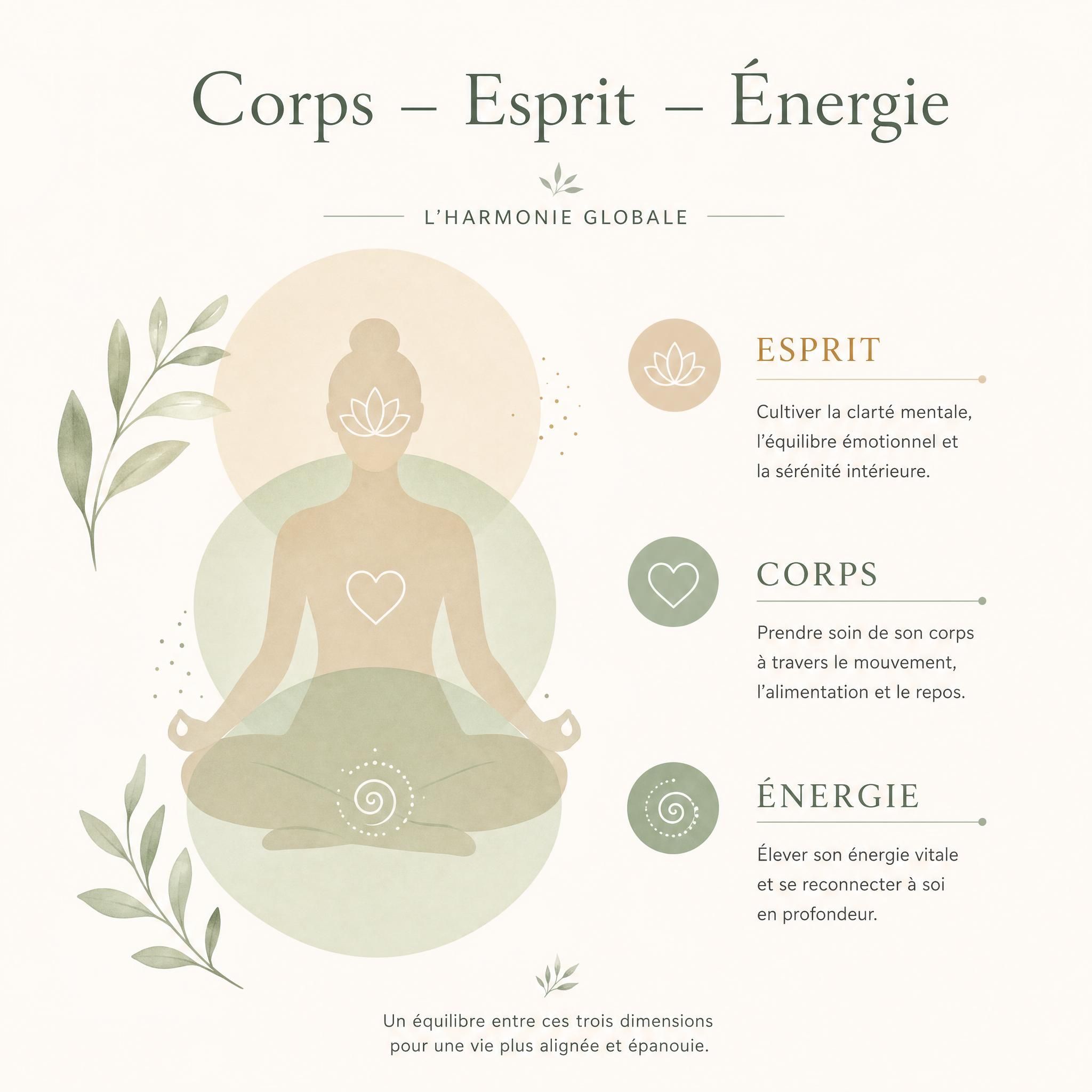 Illustration douce montrant les trois niveaux corps-esprit-énergie avec des tons apaisants, beige et vert, style minimaliste bien-être
