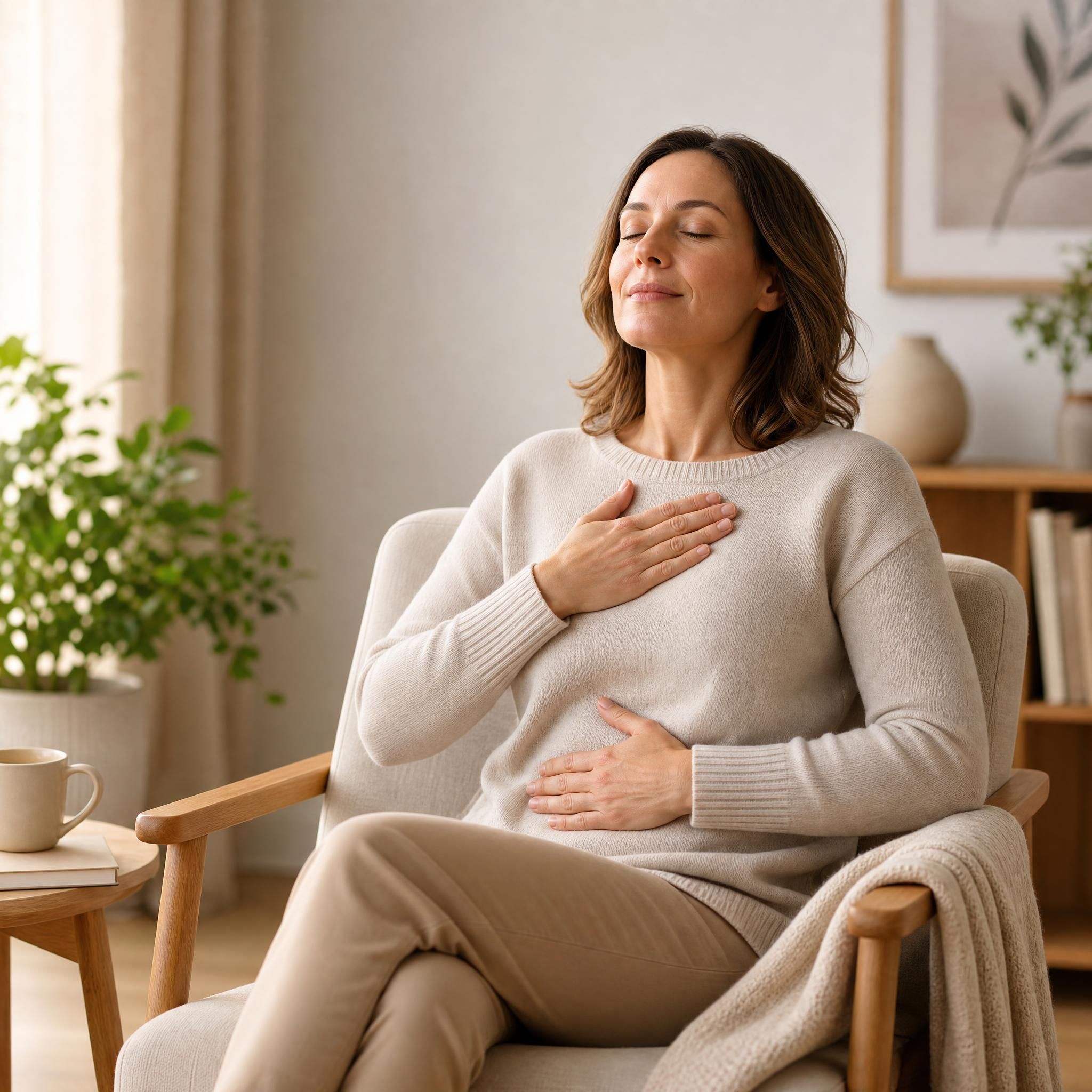 Femme d'environ 40 ans, yeux fermés, visage serein et détendu, assise dans un fauteuil chaleureux aux tons beige et bois clair, pratiquant un exercice de respiration profonde, lumière naturelle douce, ambiance calme et sécurisante
