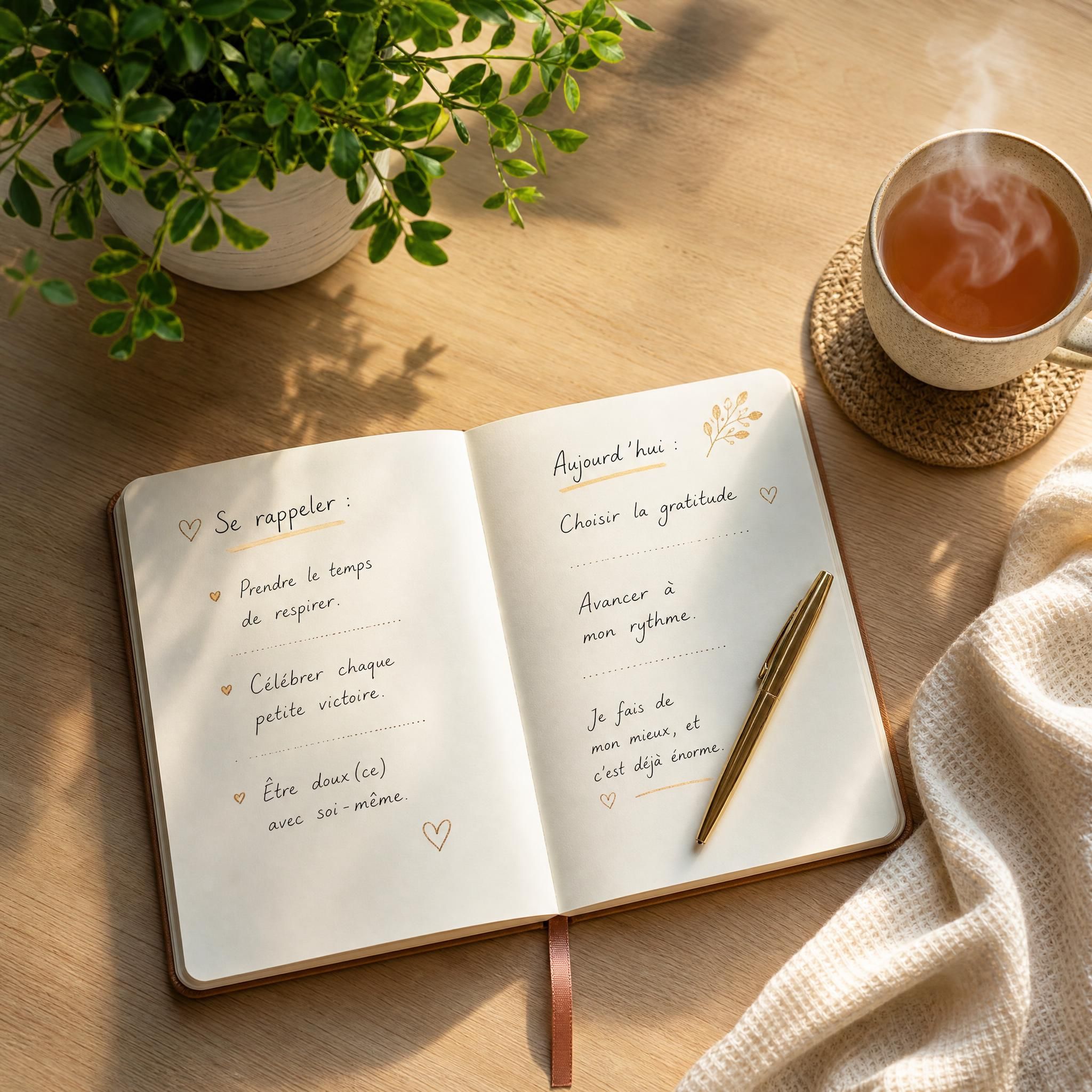 Vue de dessus d'un carnet ouvert avec quelques notes manuscrites bienveillantes, une tasse de thé fumante et une petite plante verte sur une table en bois clair, ambiance douce et intime, lumière naturelle chaude