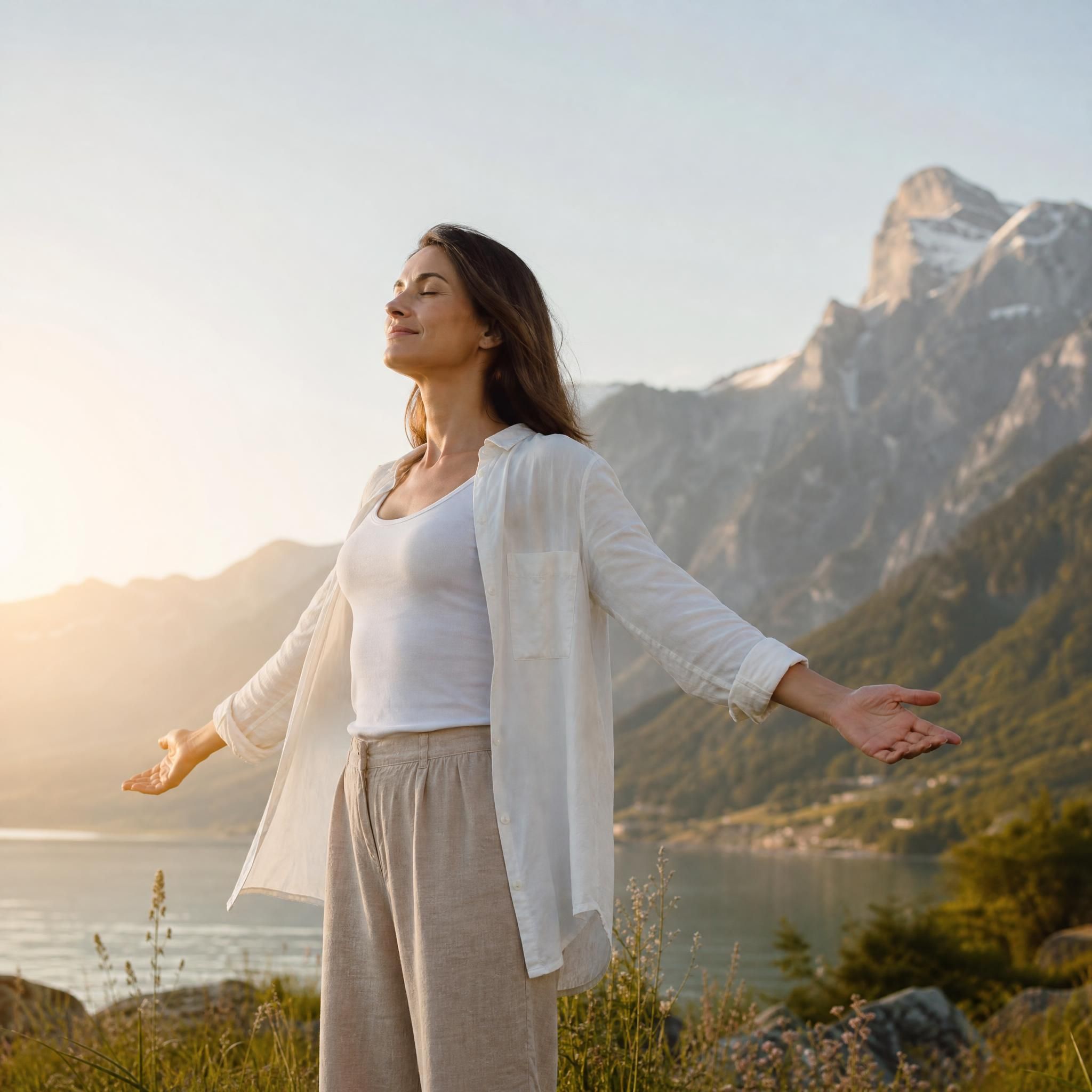 Femme debout dans un espace naturel lumineux, les bras légèrement ouverts, regard calme et ancré, symbolisant la stabilité intérieure et la puissance tranquille — style photographie couleur réaliste, format horizontal 16:9