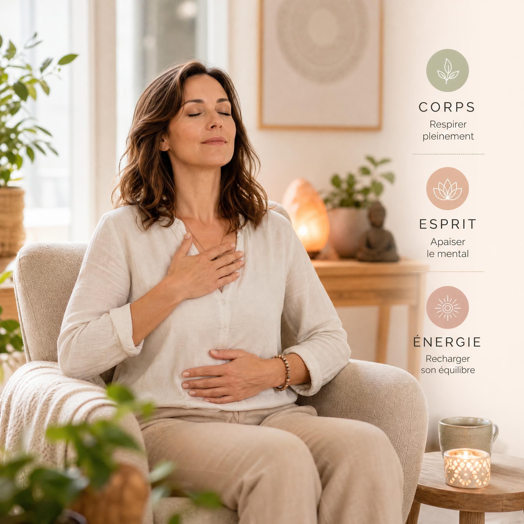 Femme d'environ 40 ans, yeux fermés, visage serein, assise dans un fauteuil confortable dans un espace lumineux et chaleureux, pratiquant un exercice de respiration profonde — ambiance bien-être holistique corps-esprit-énergie
