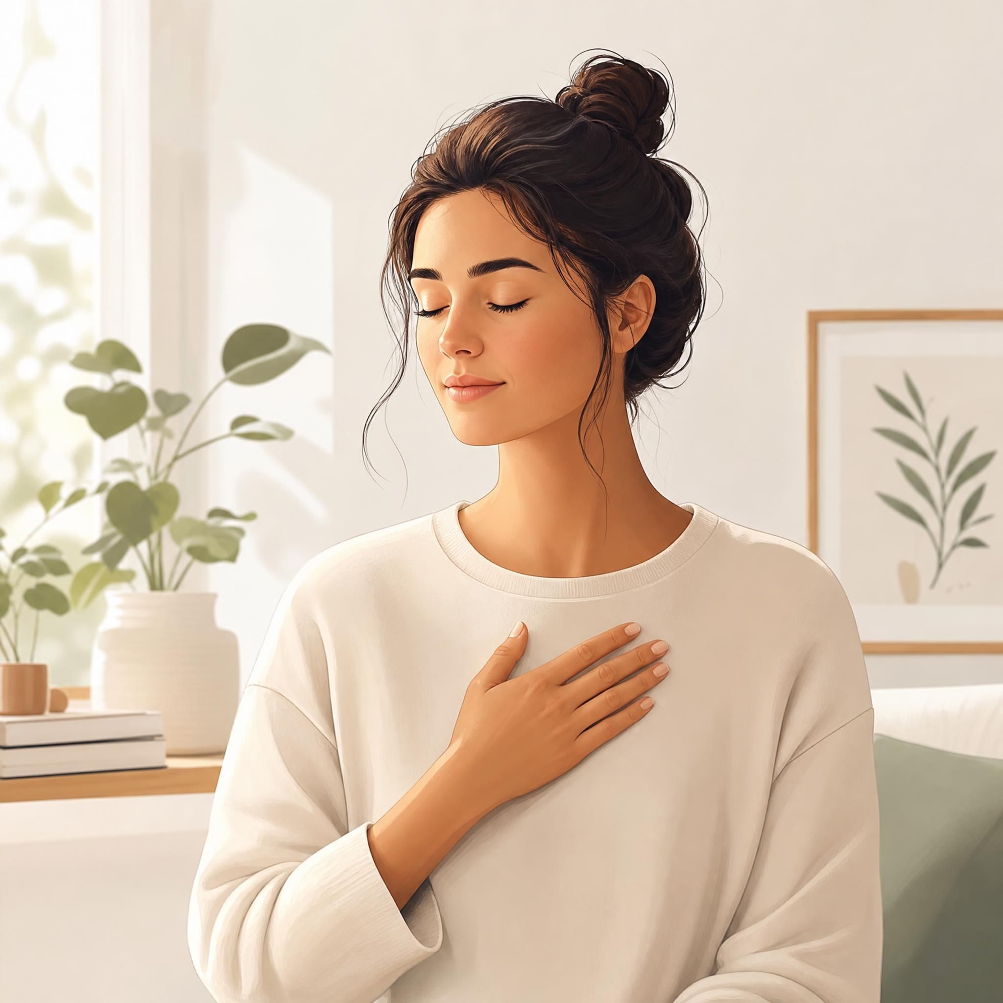 Illustration douce d'une personne tenant sa main sur sa poitrine, regard introspectif, dans un espace lumineux et calme, symbolisant la prise de conscience intérieure
