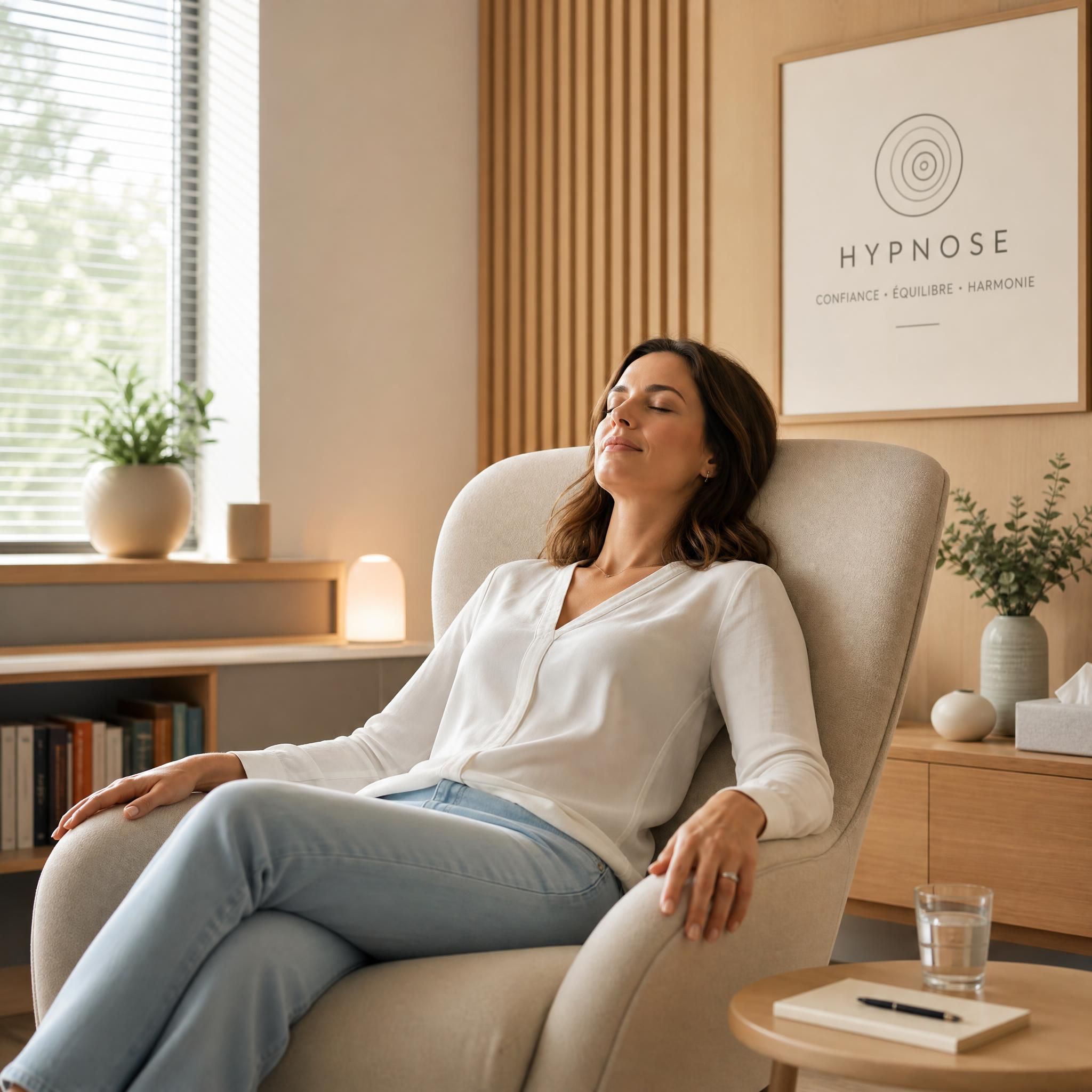 Femme détendue dans un fauteuil confortable, épaules relâchées, yeux fermés, dans un cabinet d'hypnose moderne aux tons beige et bois clair, lumière naturelle apaisante