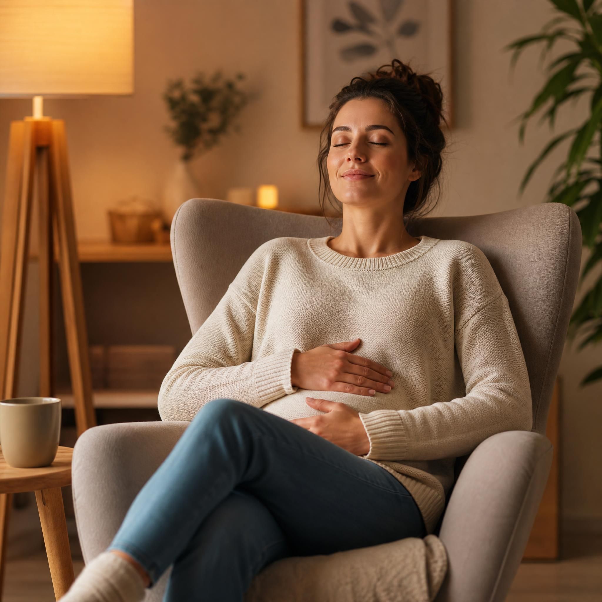 Personne assise confortablement dans un fauteuil, main posée sur le ventre, yeux fermés, expression de sérénité profonde, lumière tamisée et douce en arrière-plan